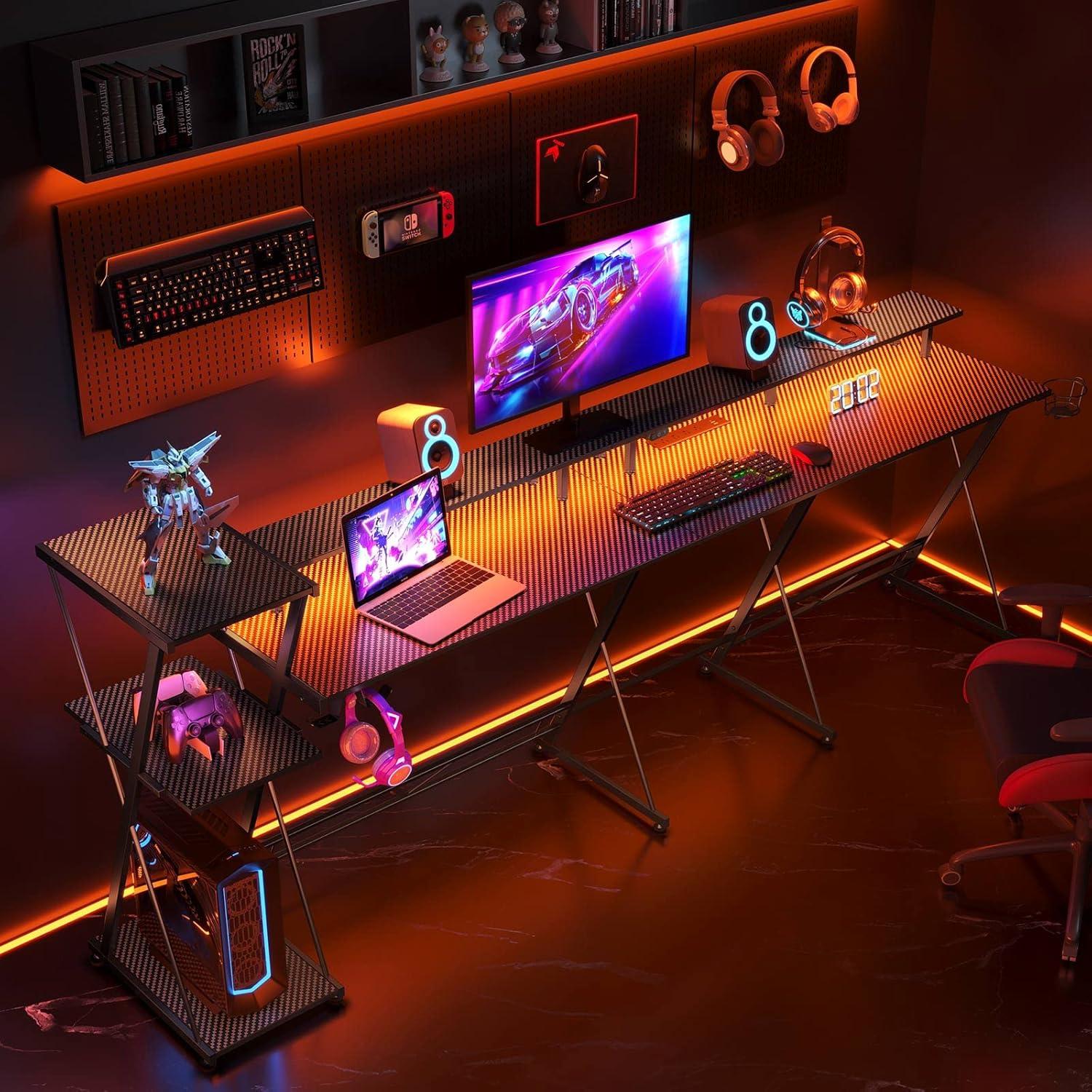 Black L-Shaped Gaming Desk with LED Lights and Storage