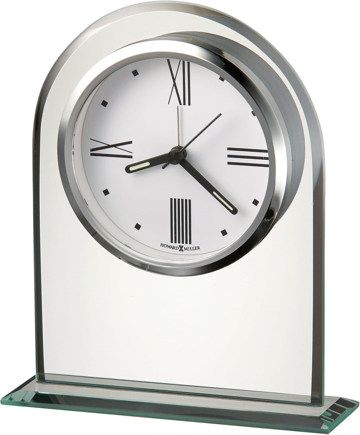 Regent Modern & Contemporary Roman Numeral Glass Quartz Movement / Crystal Tabletop Clock with Alarm in Polished Silver/Clear