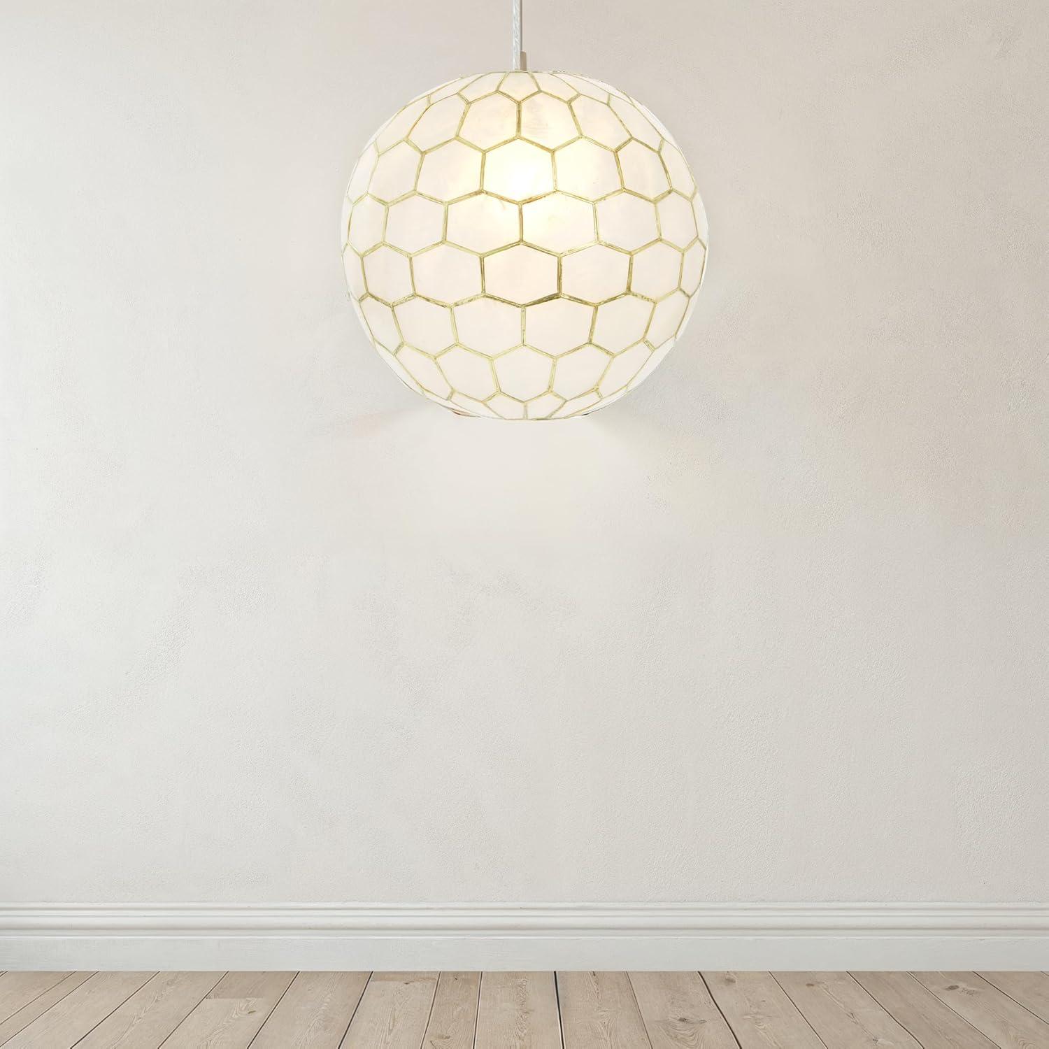 Storied Home 14"x13" Capiz Honeycomb Globe Pendant Light Capiz White Seashells Antique Gold: ETL Listed, Iron Frame, No Bulbs Included