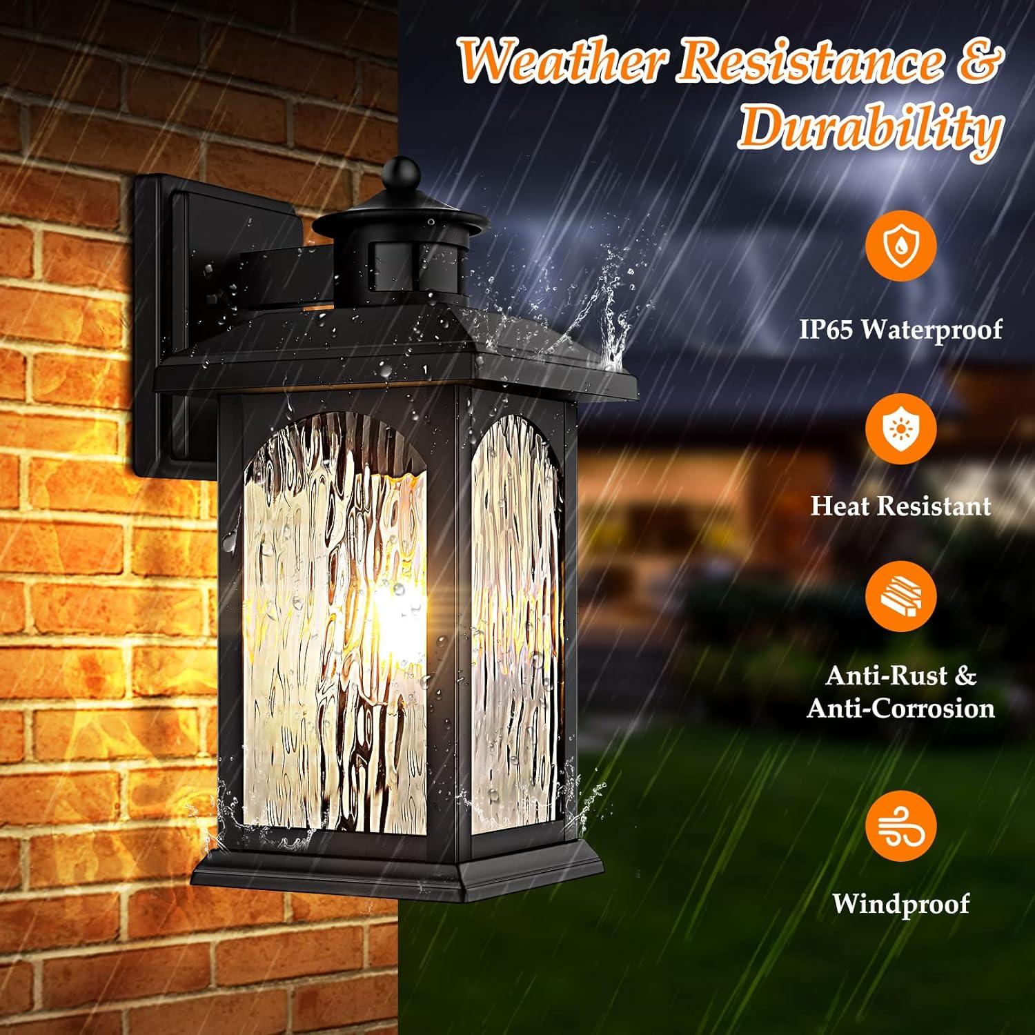 2 Pack Motion Sensor Outdoor Wall Lights, Dusk to Dawn Lighting, Led Exterior Light Fixture, Aluminum Lantern for Front Porch, Waterproof Black Outdoor Wall Sconce for House Garage Patio