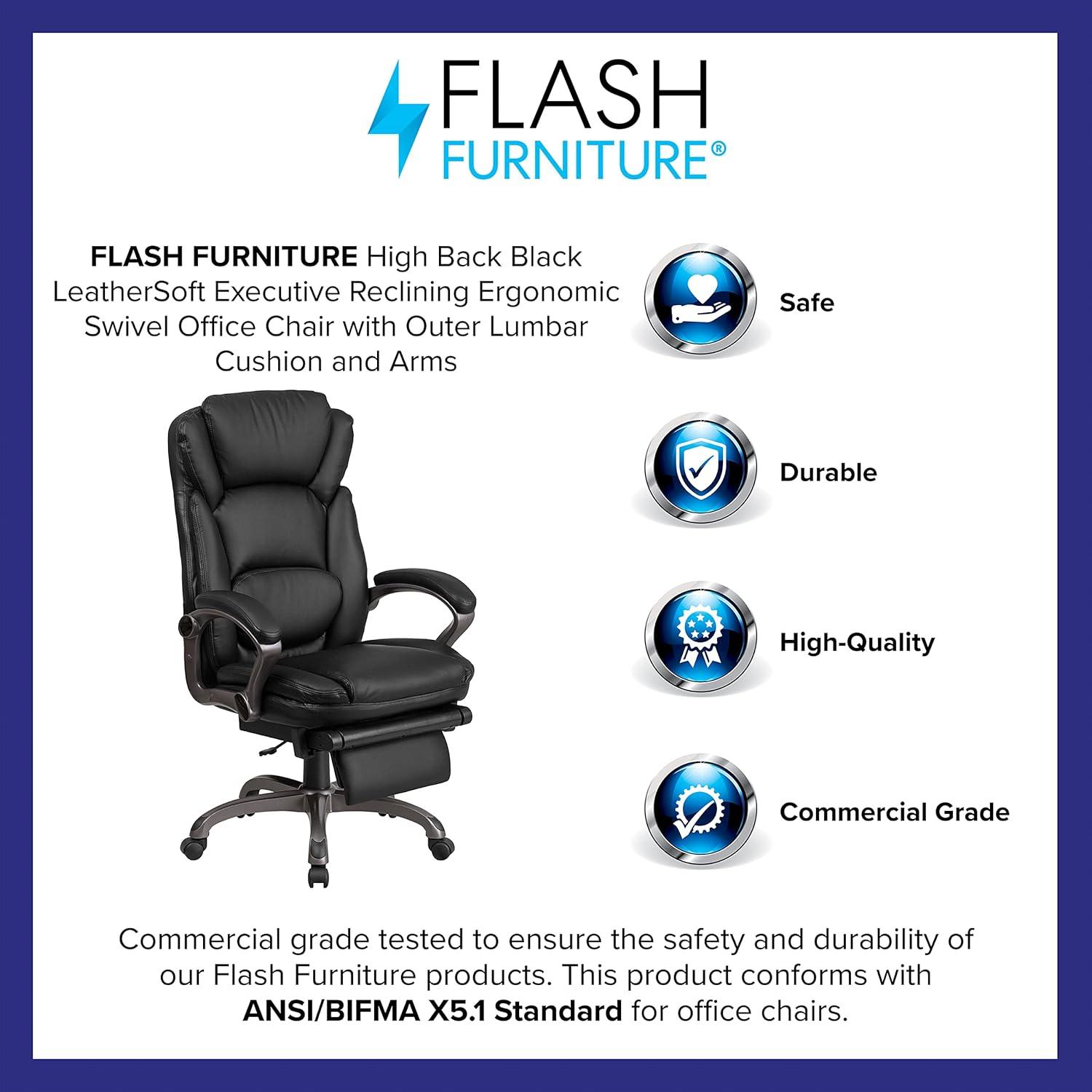 Flash Furniture High Back Black LeatherSoft Executive Reclining Ergonomic Swivel Office Chair with Outer Lumbar Cushion and Arms