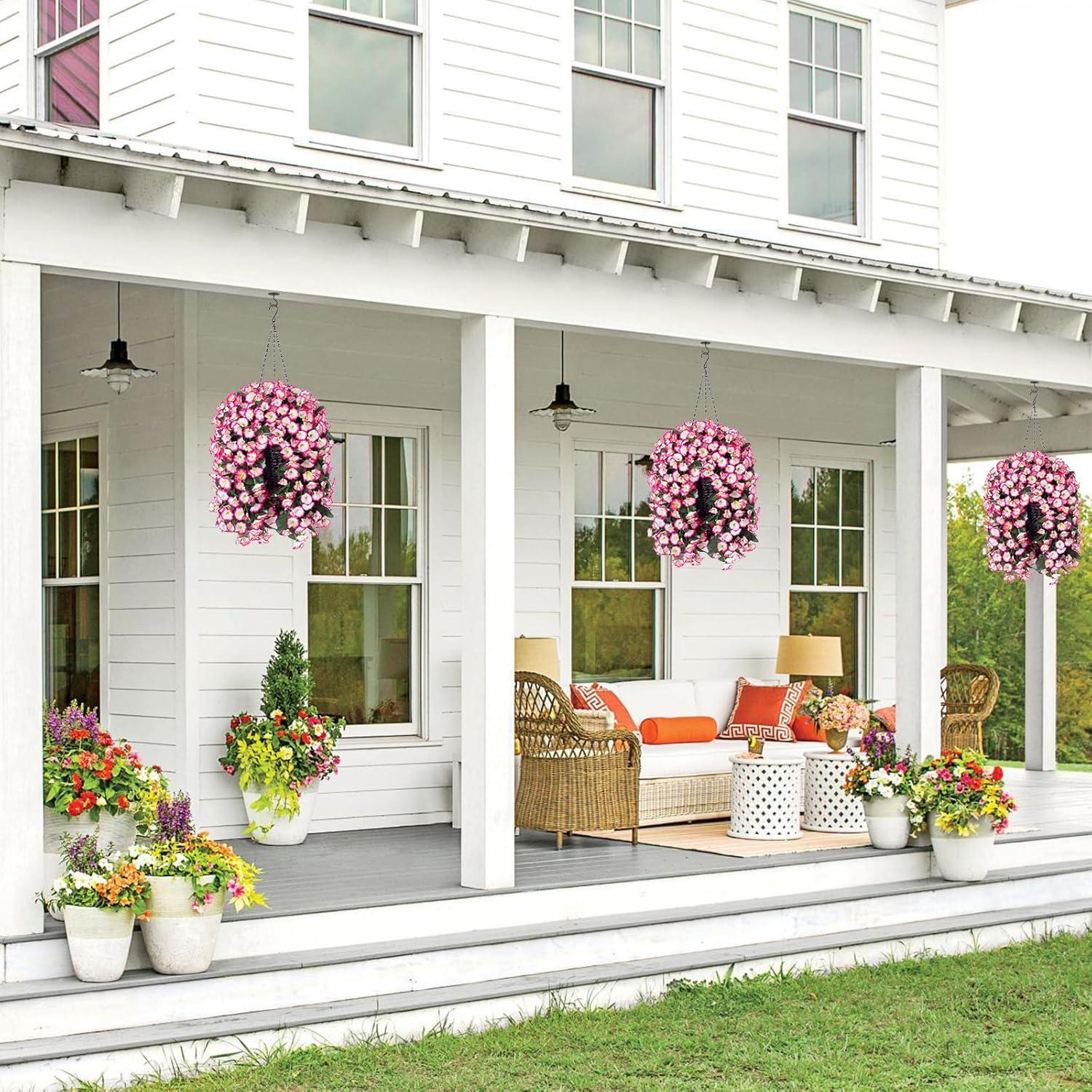 Artificial Hanging Flowers in Basket Fake Plant for Outside, Silk Pink Morning Glory Flower Arrangement for Outdoor Decor, UV Resistant Realistic Floral Planter for Porch Patio Balcony