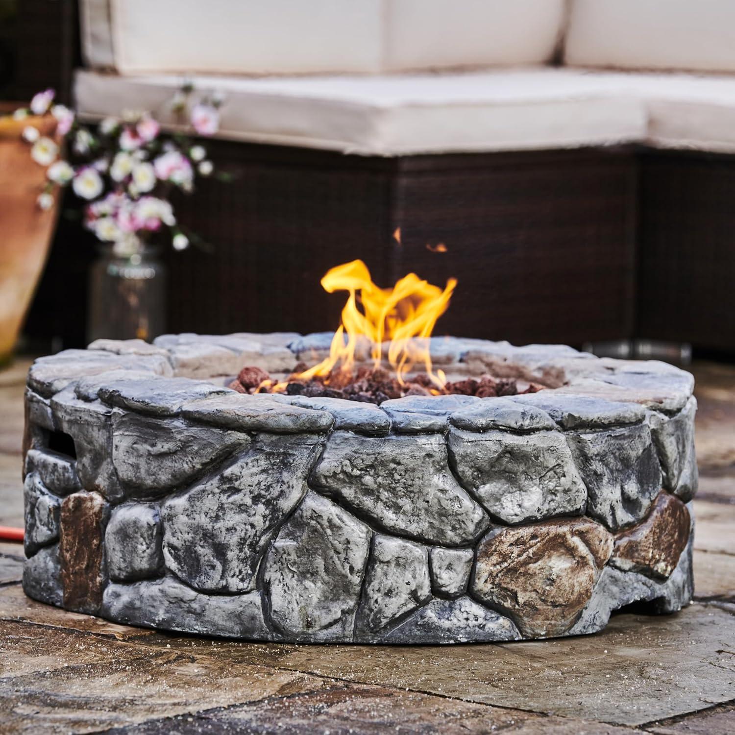 Gray 28" Round Stone Propane Gas Fire Pit