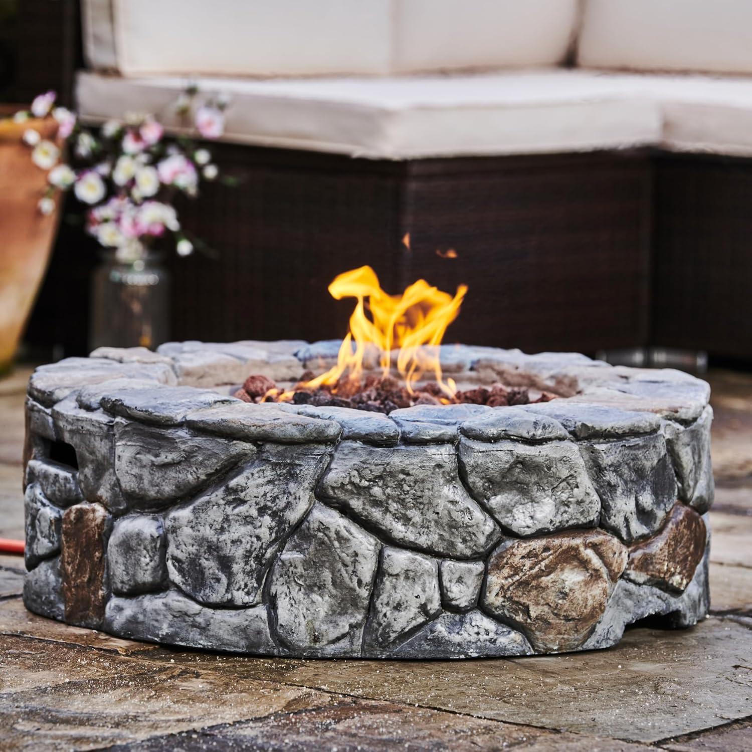 Grayson 28" Outdoor Round Stone Propane Gas Fire Pit - Teamson Home