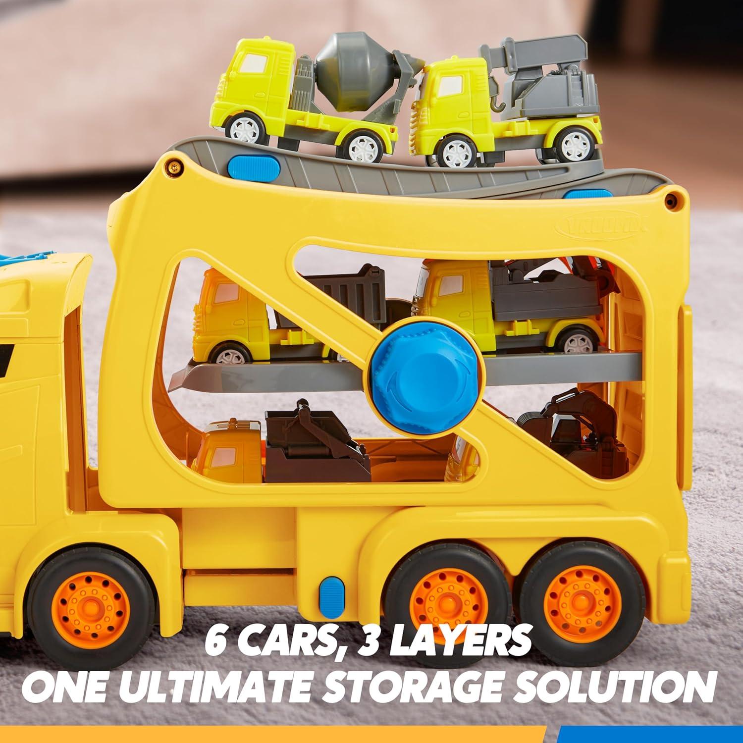 Extra Large Toy Cars for Toddlers, 3-Layer Construction Trucks for 2 3 4 Year Old Boys, 7-in-1 Big Transport Vehicle Carrier Truck with Siren & Lights and 6 Toy Cars, Birthday Gifts for Boys Kids