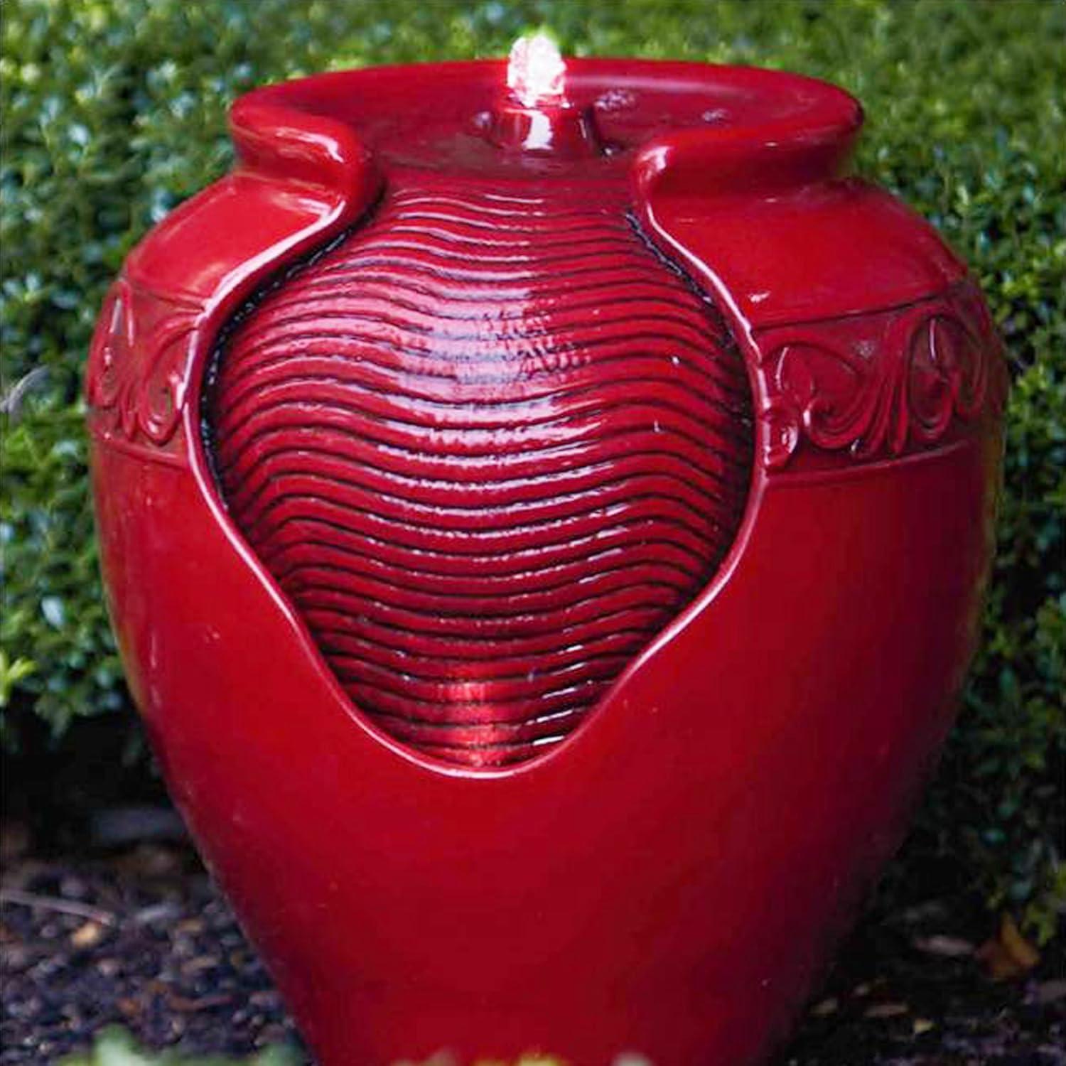 Serene Elegance 16" Red Glazed Pot LED Floor Fountain