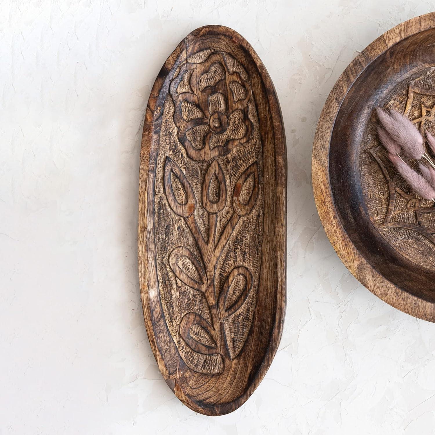 Hand-Carved Mango Wood Oval Floral Decorative Tray