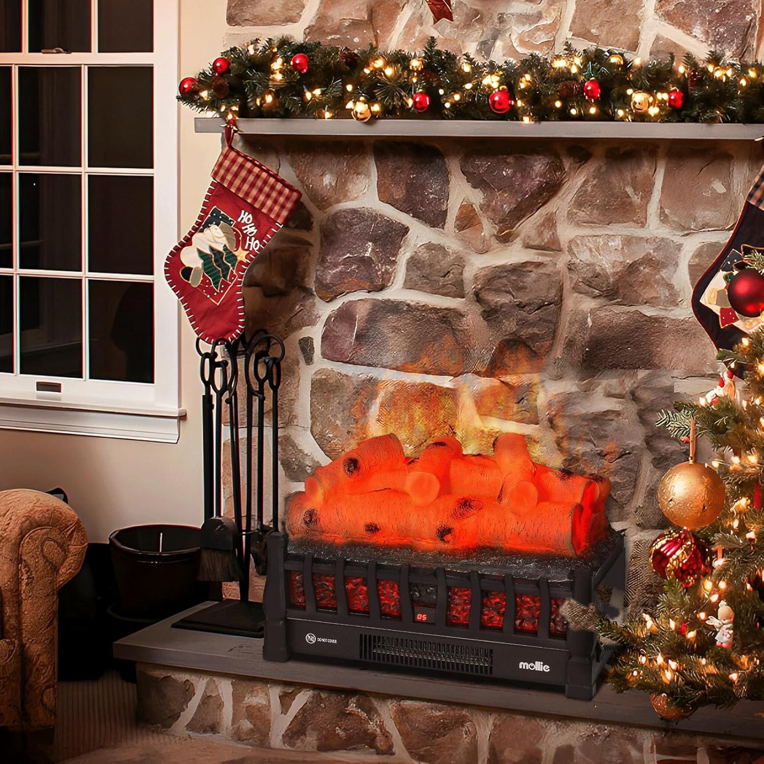 20" Electric Fireplace Log Set Heater with Realistic Ember Bed, Remote, Adjustable Flame Brightness