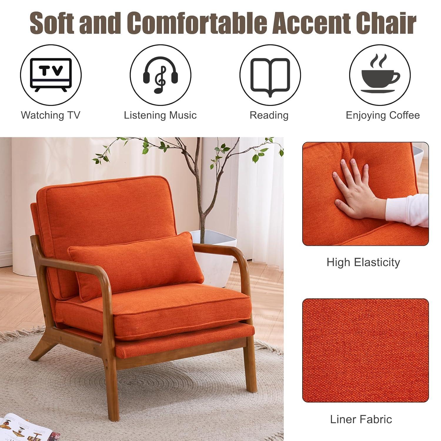 JULY'S SONG Mid-Century Wood Upholstered Fabric Solid Print Armchair, Beige (Set of 2)