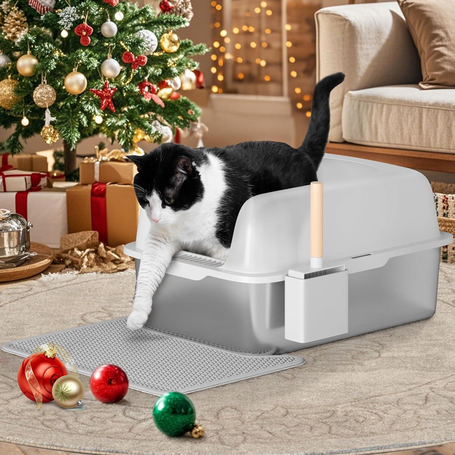 Enclosed Stainless Steel Cat Litter Box with Lid Extra Large Litter Box for Big Cats XL Metal Litter Pan Tray with High Wall Sides Enclosure, Non-Sticky, Anti-Leakage, Easy Cleaning