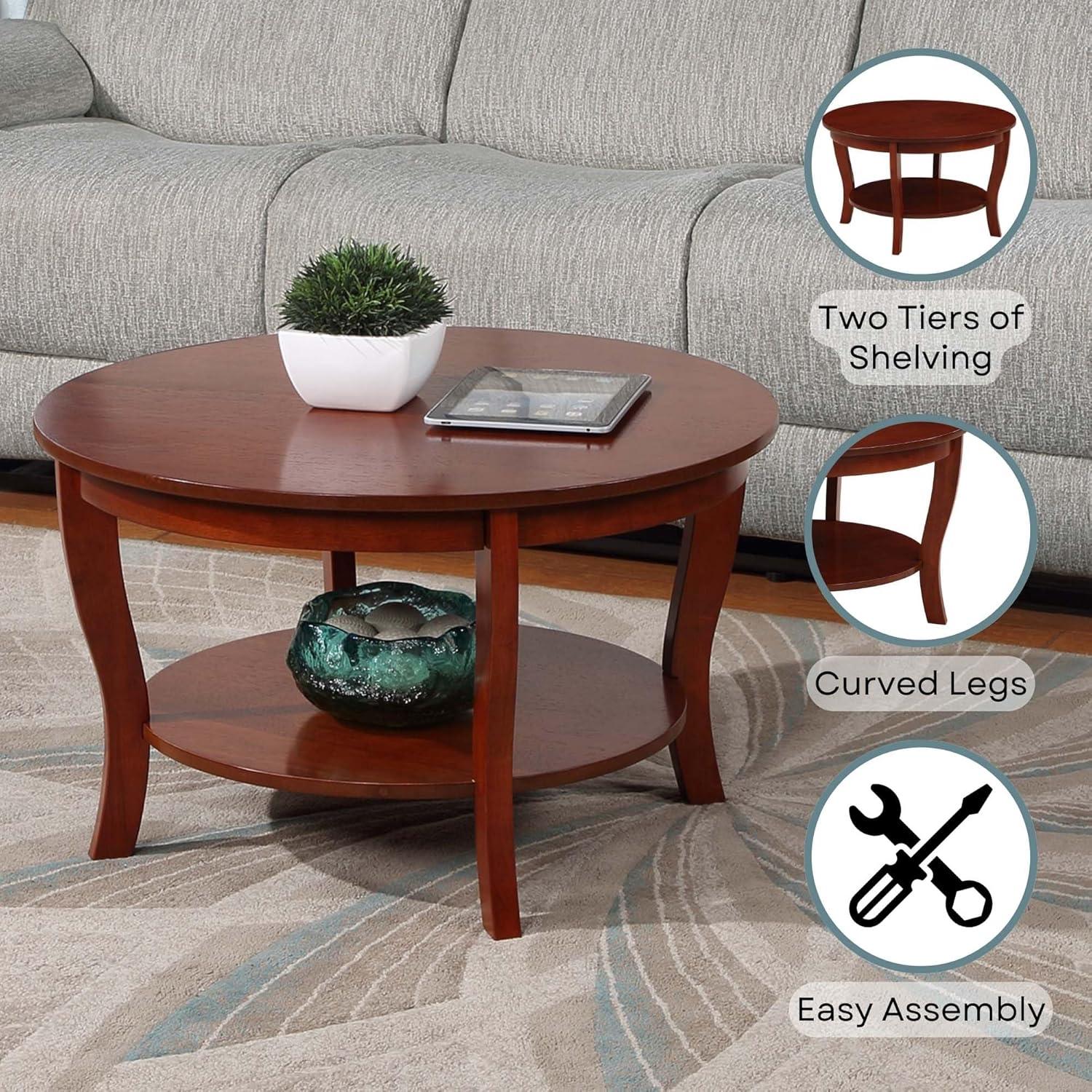 Convenience Concepts American Heritage Round Coffee Table with Shelf, Mahogany