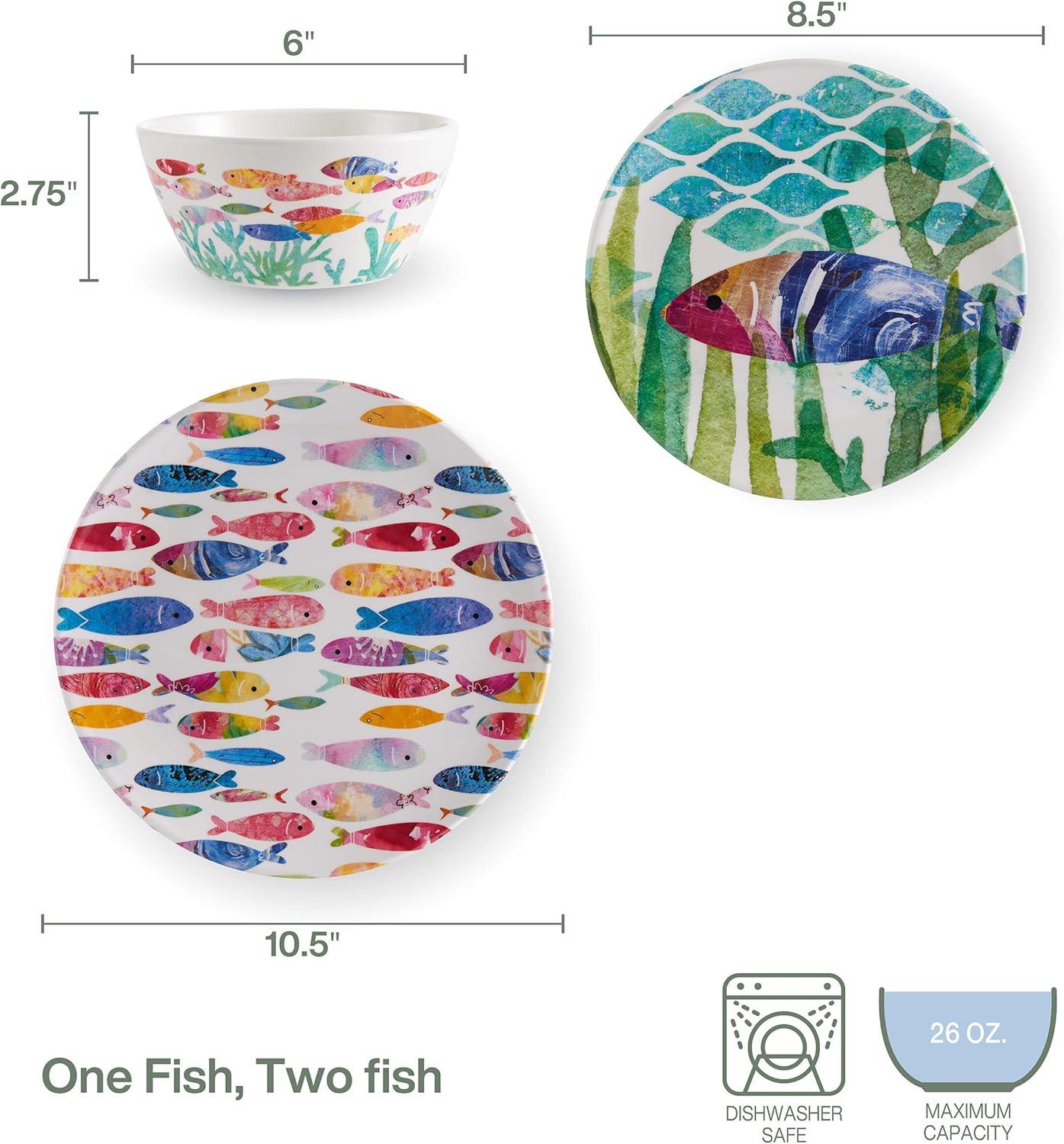 Colorful Fish Melamine 12-Piece Dinnerware Set, Service for 4