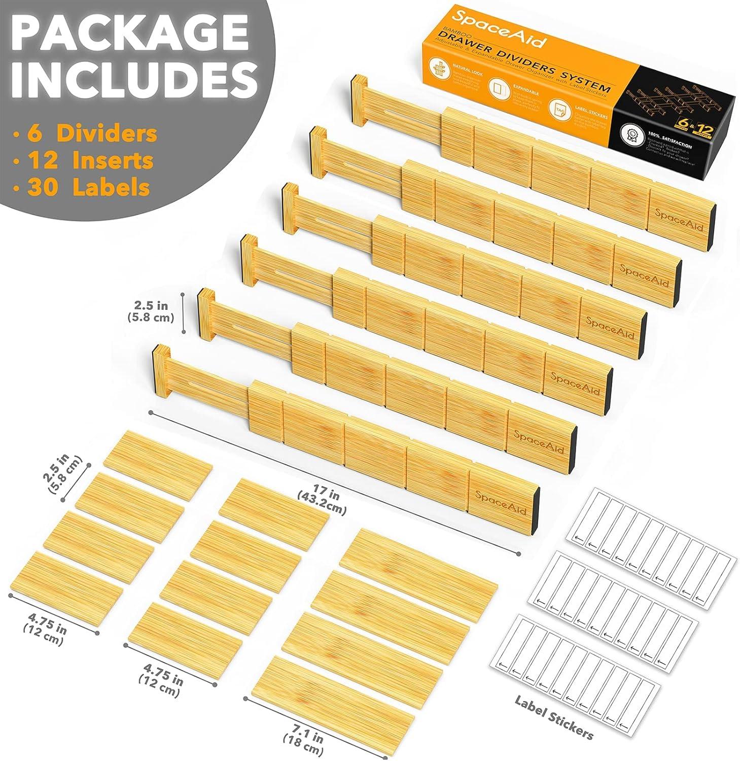 Set of 6 Bamboo Expandable Drawer Dividers with Labels,with 12 Inserts (13.25-17in)-SpaceAid®