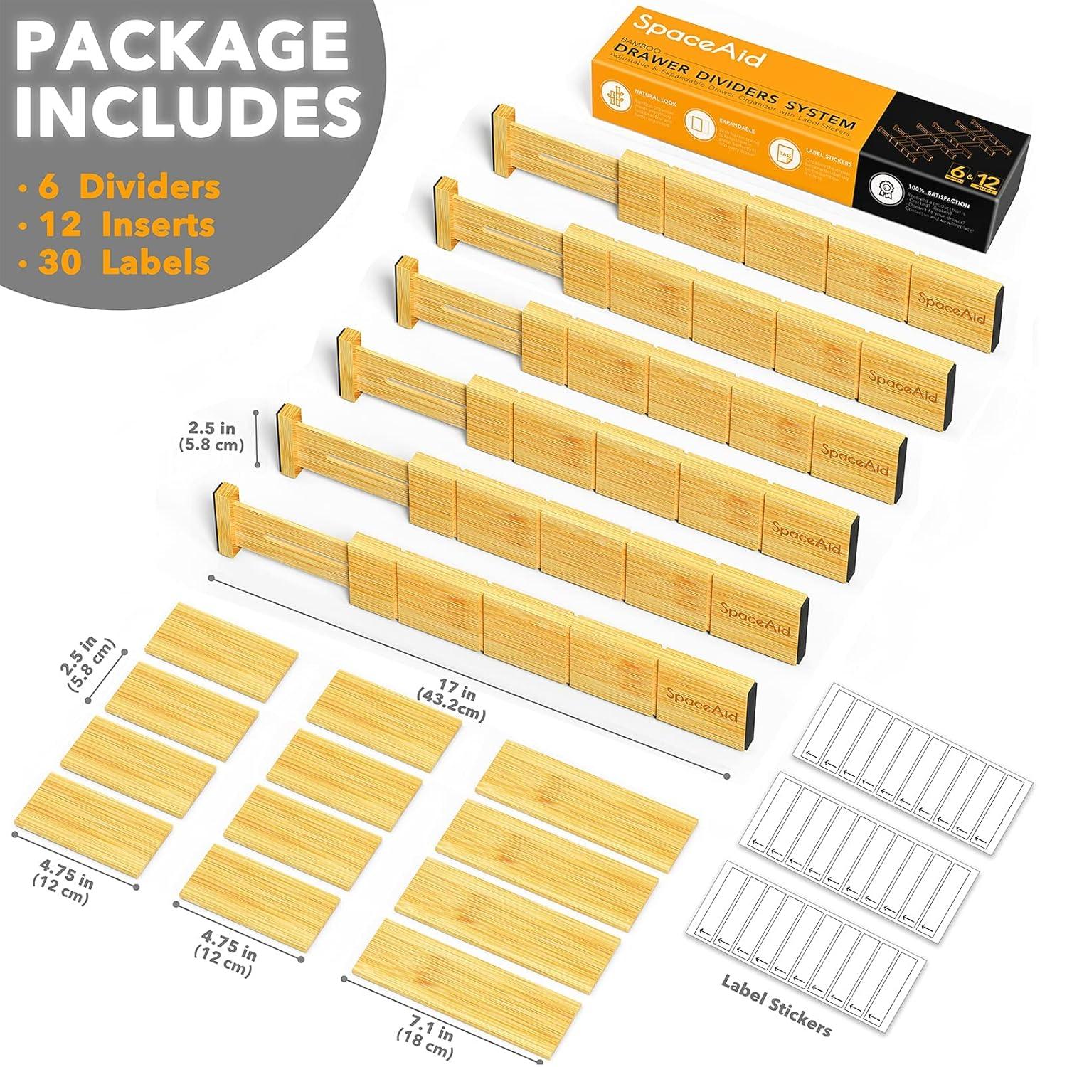 Set of 6 Bamboo Expandable Drawer Dividers with Labels,with 12 Inserts (13.25-17in)