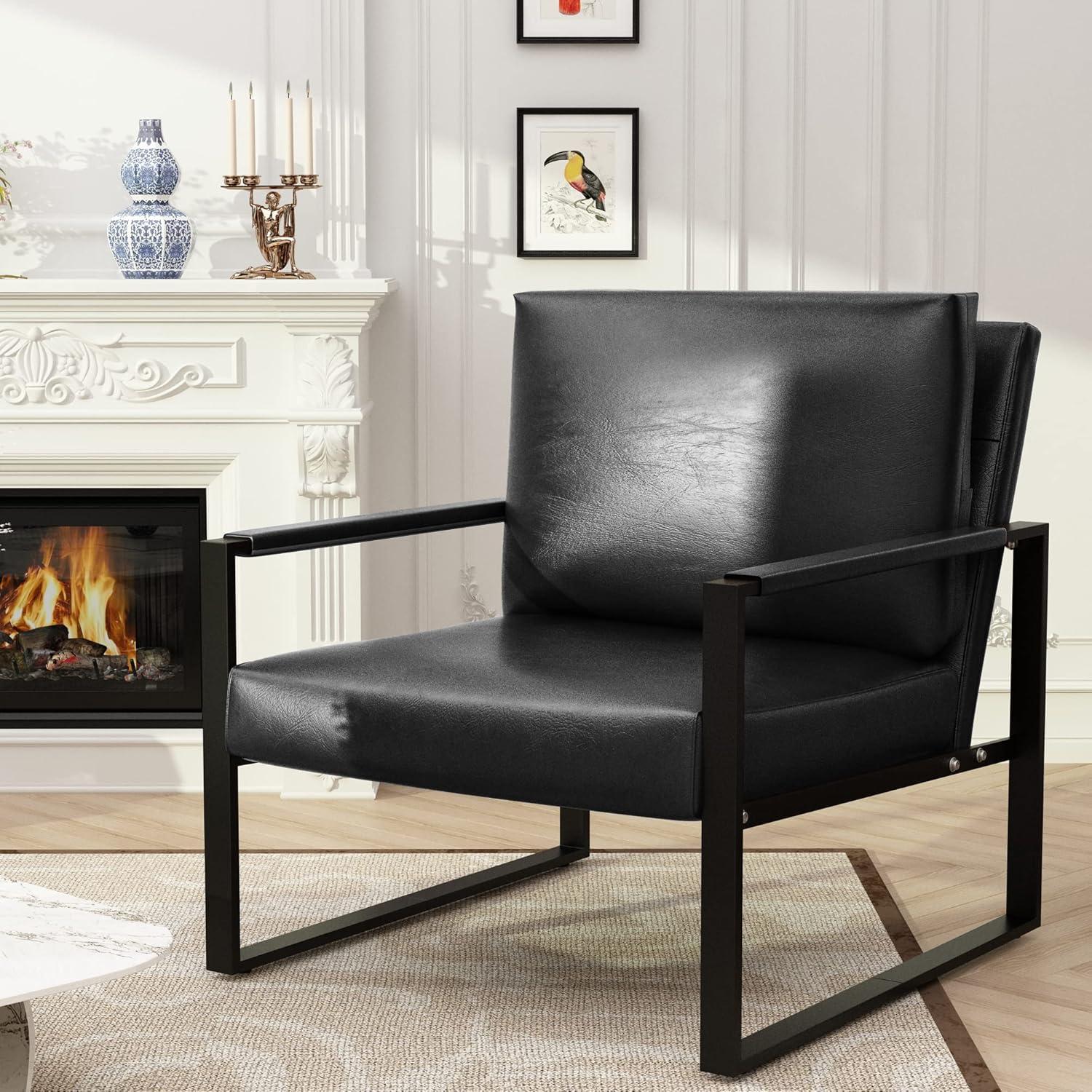 Modern Black Faux Leather Metal Frame Accent Recliner Chair