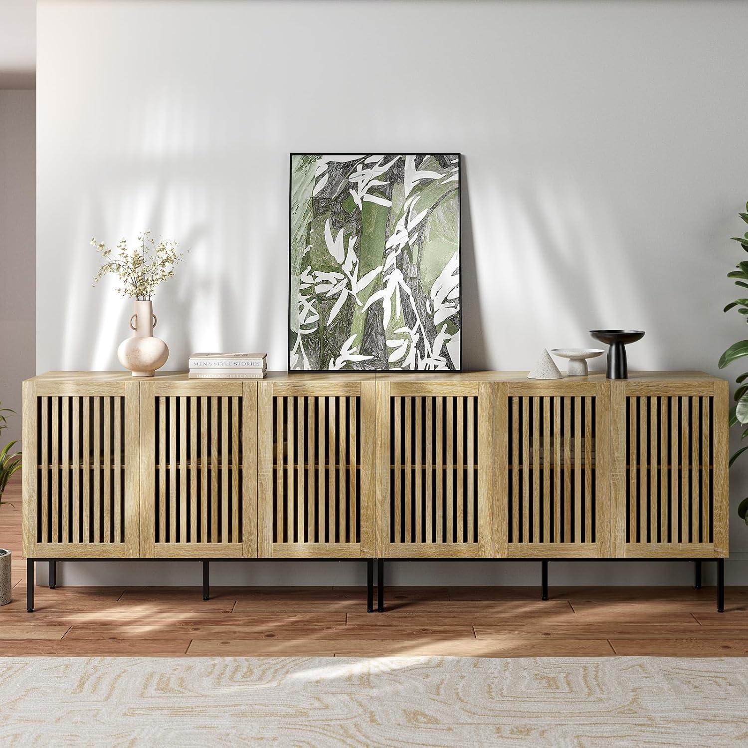 Oak 6-Door Buffet Cabinet with Metal Base and Adjustable Shelves