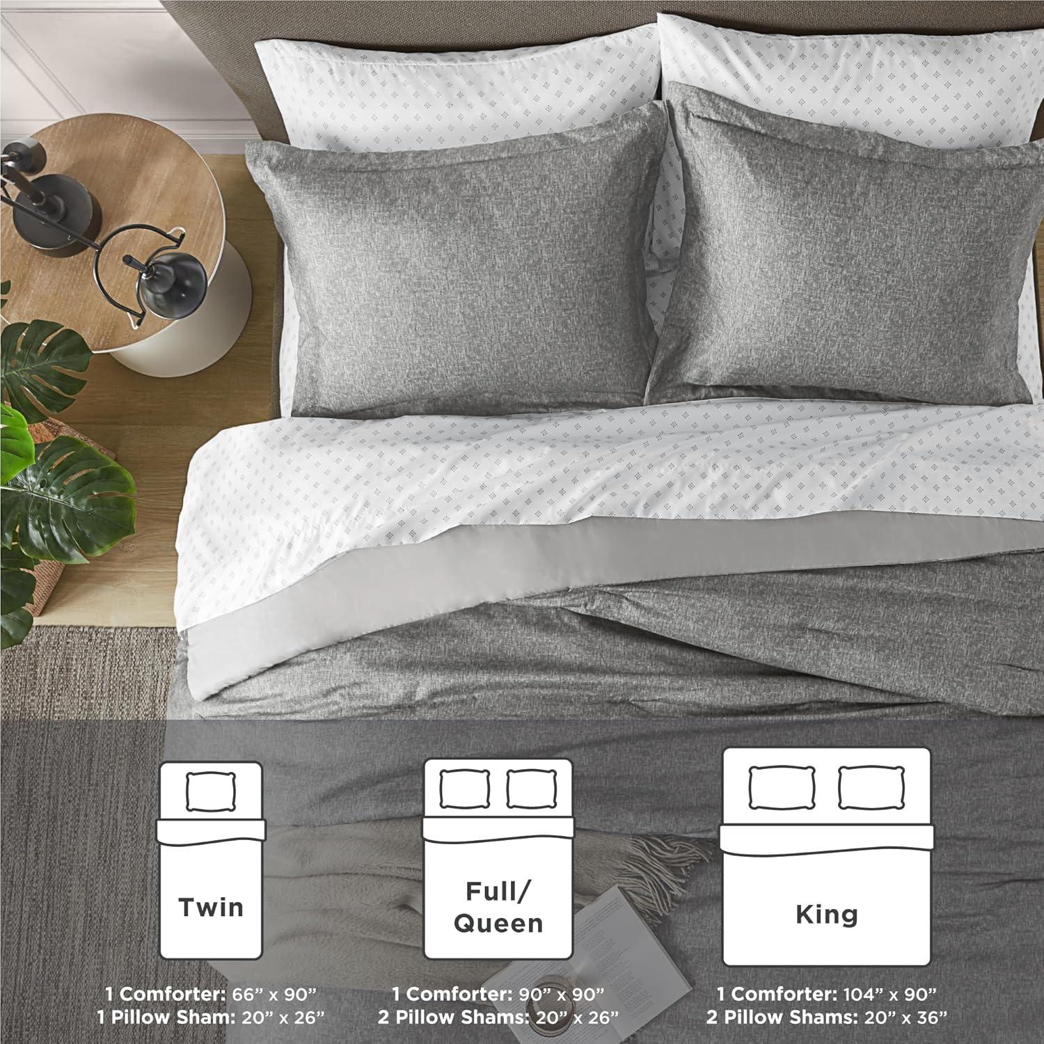 Lightweight Grey Comforter for Queen Size and Full Size Bed, Modern Chambray Bedding Set, Including 1 Comforter and 2 Pillow Shams
