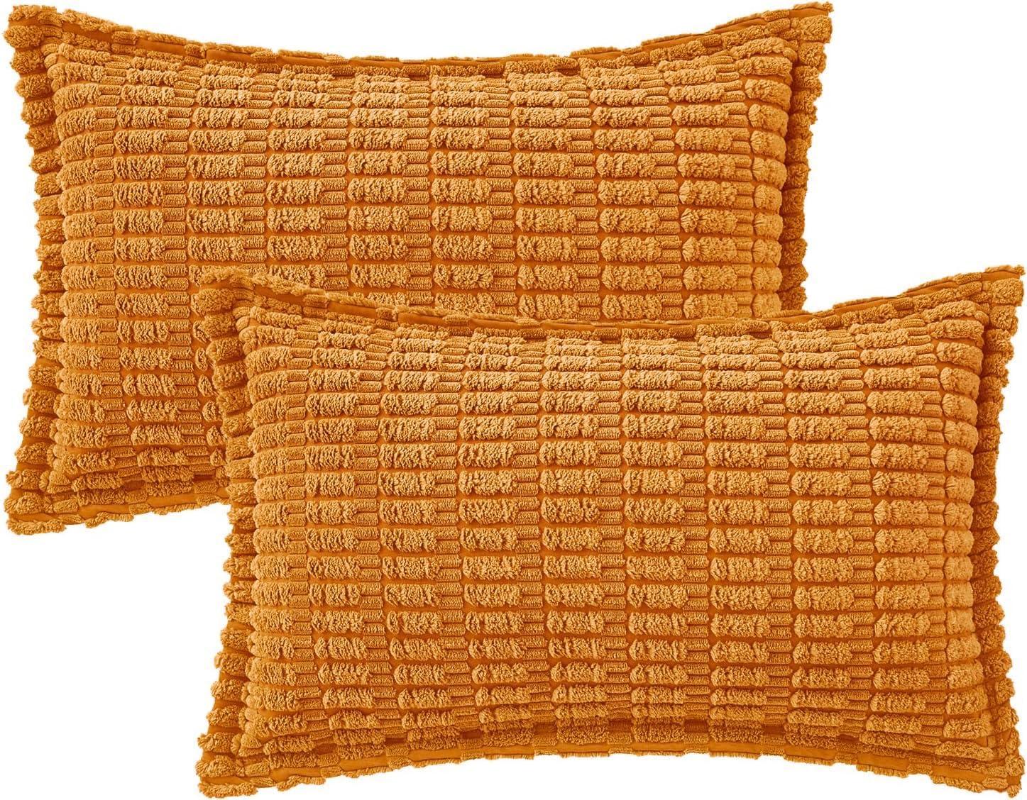 Boho Sage Green Striped Corduroy Pillow Covers - Set of 2 | Farmhouse Rectangle Cushion Cases for Sofa Couch Bed | Soft Decorative Throw Pillowcases - 12x20 Inch Home Decor