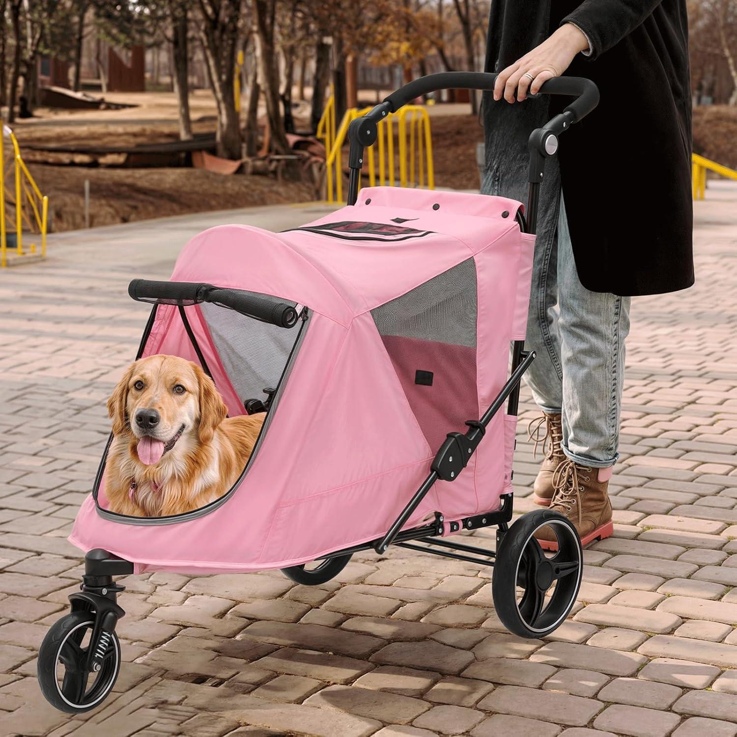 MoNiBloom Folding 3 Wheel Pet Stroller, Foldable Dog Jogger Stroller with Adjustable Handlebar and Mesh Window