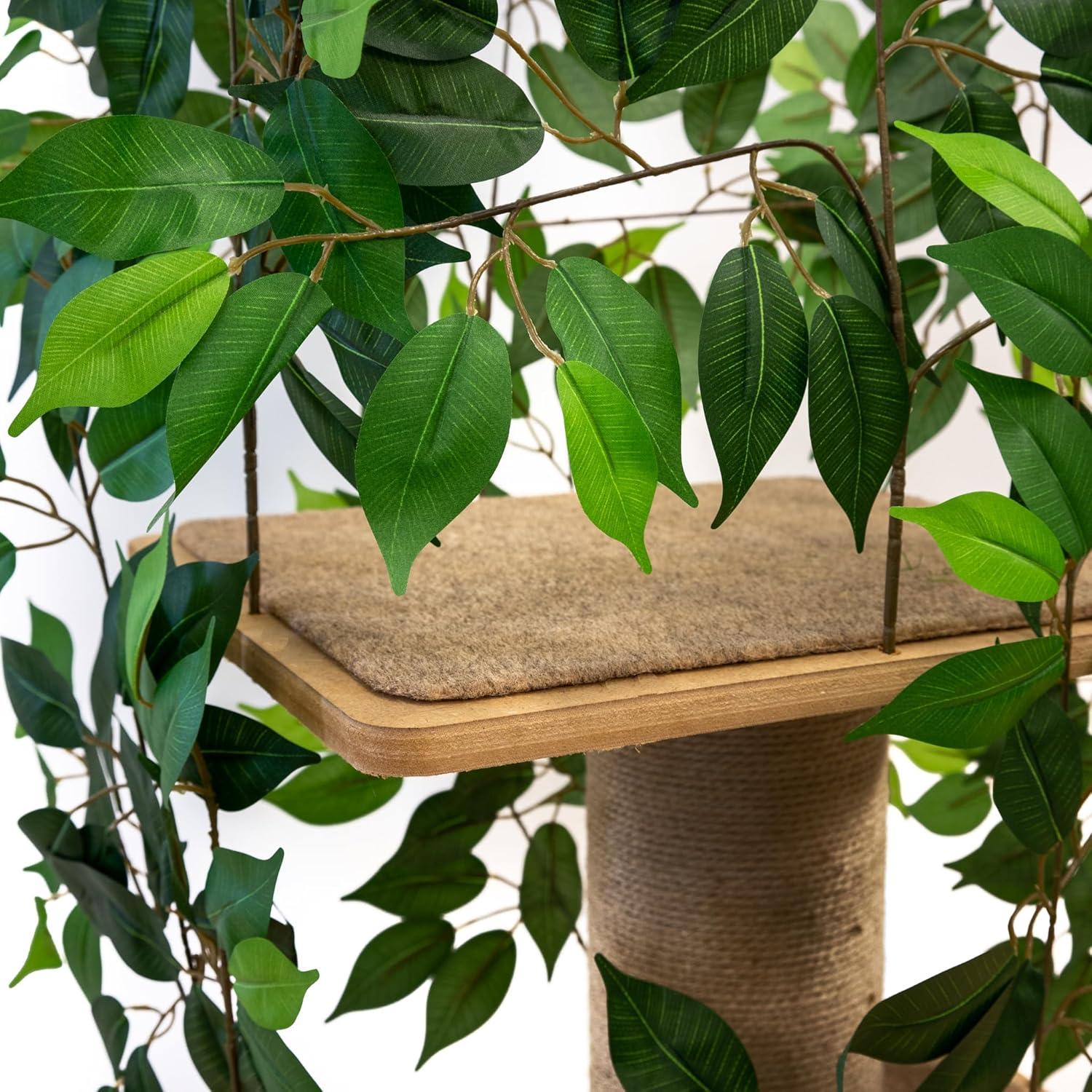 4ft Minimal Cat Scratching Tree with Leaves - Indoor Cat Tower, Tree House for Kittens