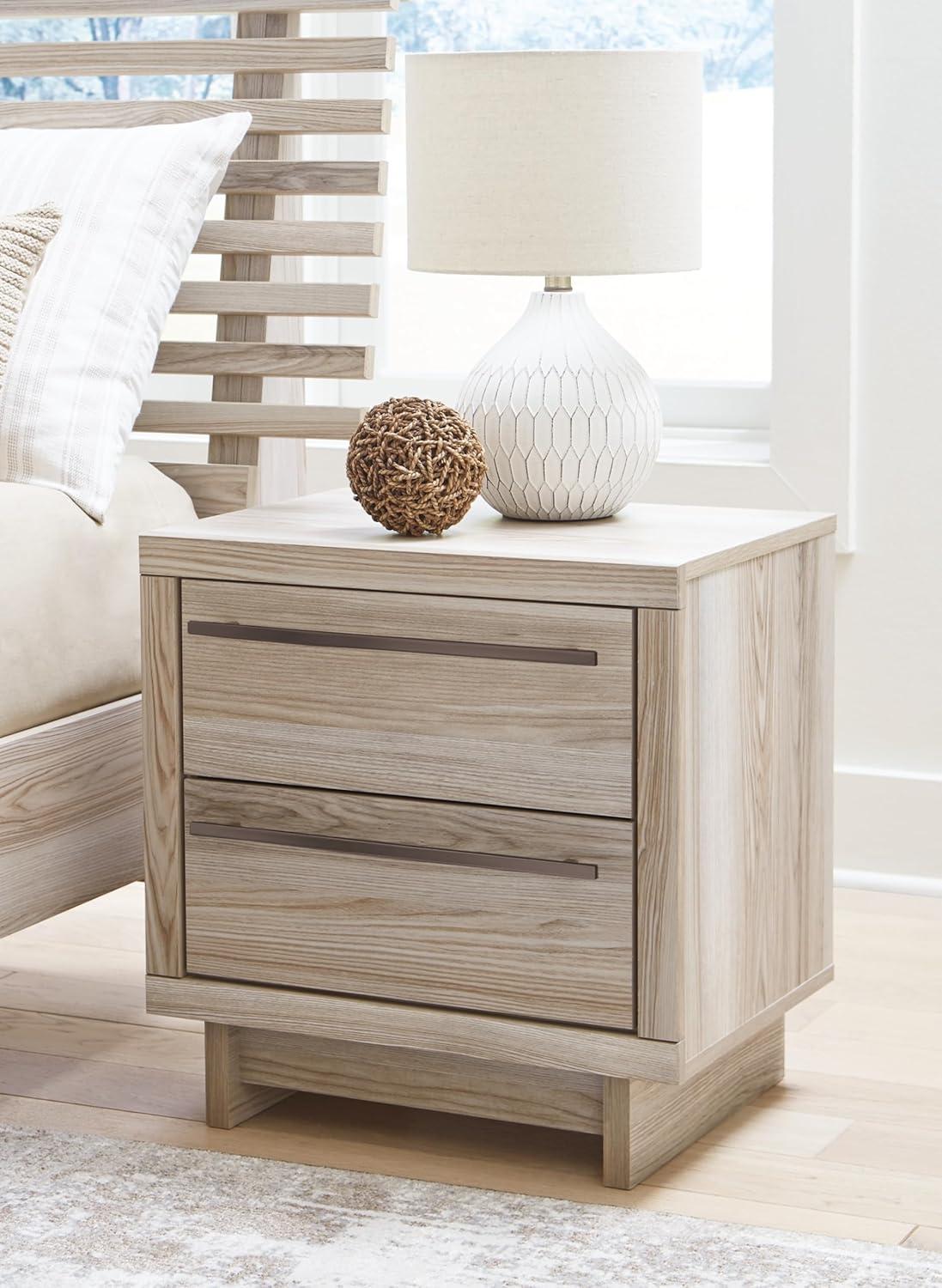 Signature Design by Ashley Hasbrick Casual 2 Drawer Nightstand with USB & Qi Wireless Charging Options, Tan Wood Finish