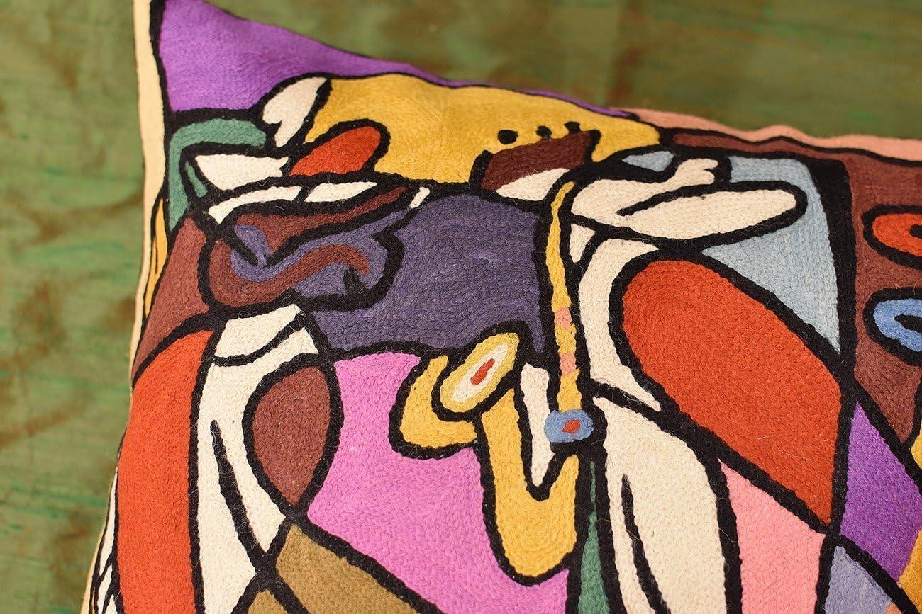 Hand Embroidered Abstract Multicolor Cotton Wool Pillow Cover 18x18