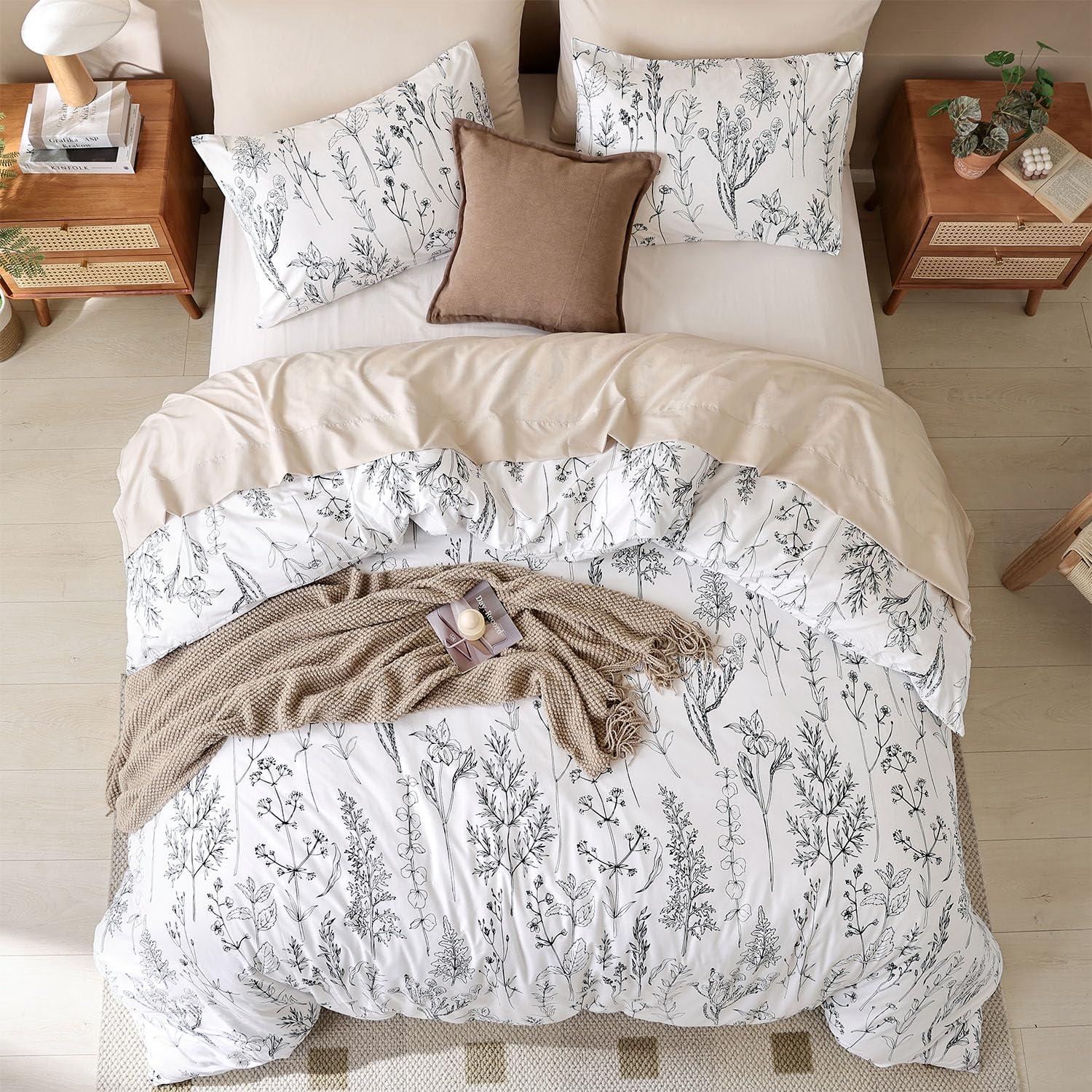 Queen Comforter Set - Floral Comforters Queen Size, White Comforter, 3 Pieces, 1 Comforter (90"x90") & 2 Pillow Cases (20"x26"), White
