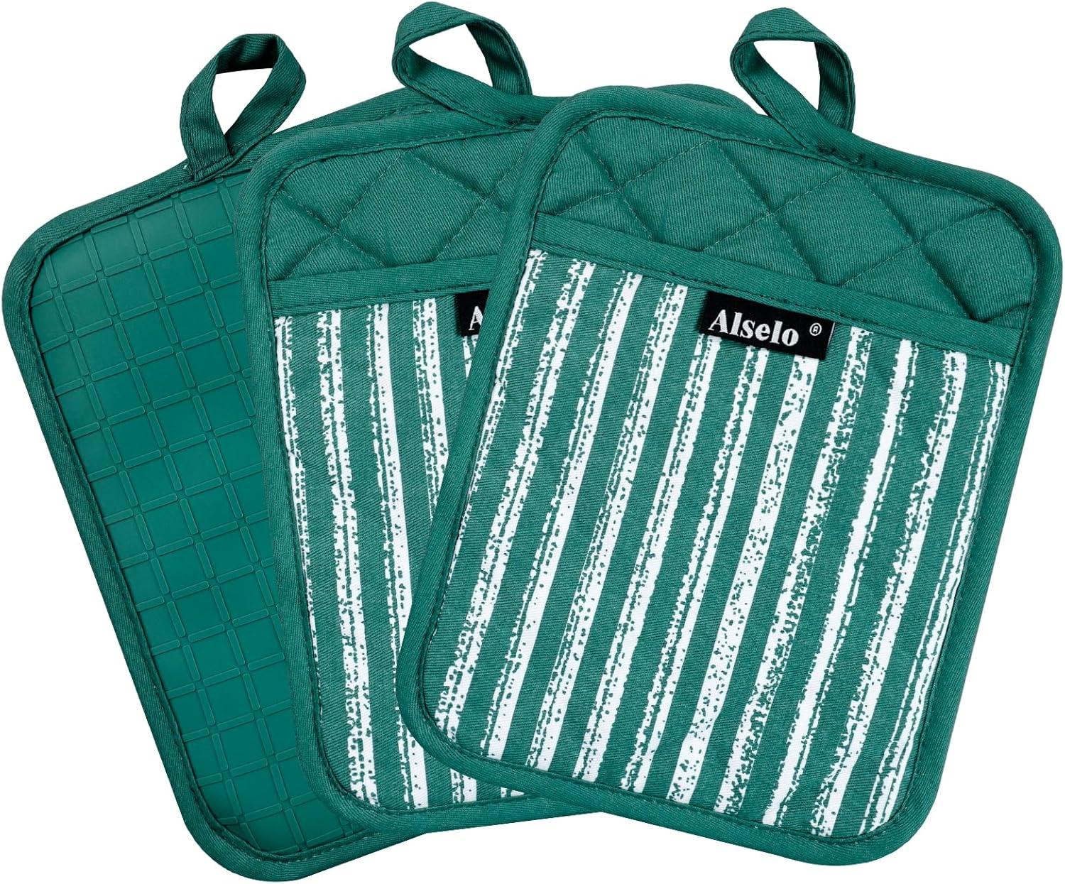 Green Silicone Heat Resistant Pot Holders with Pockets, Set of 3