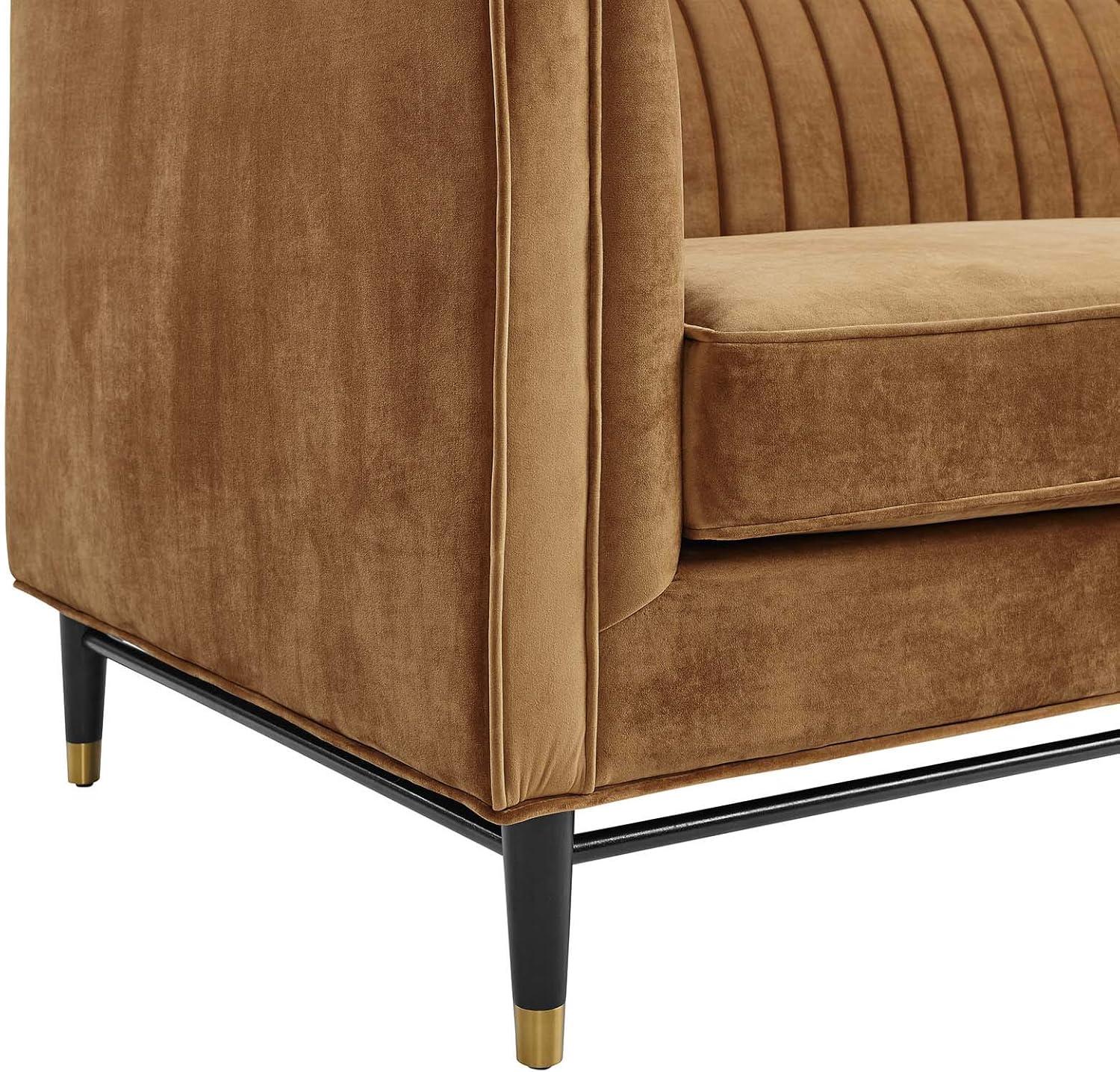 Cognac Velvet Tufted Reception Sofa with Gold Accents