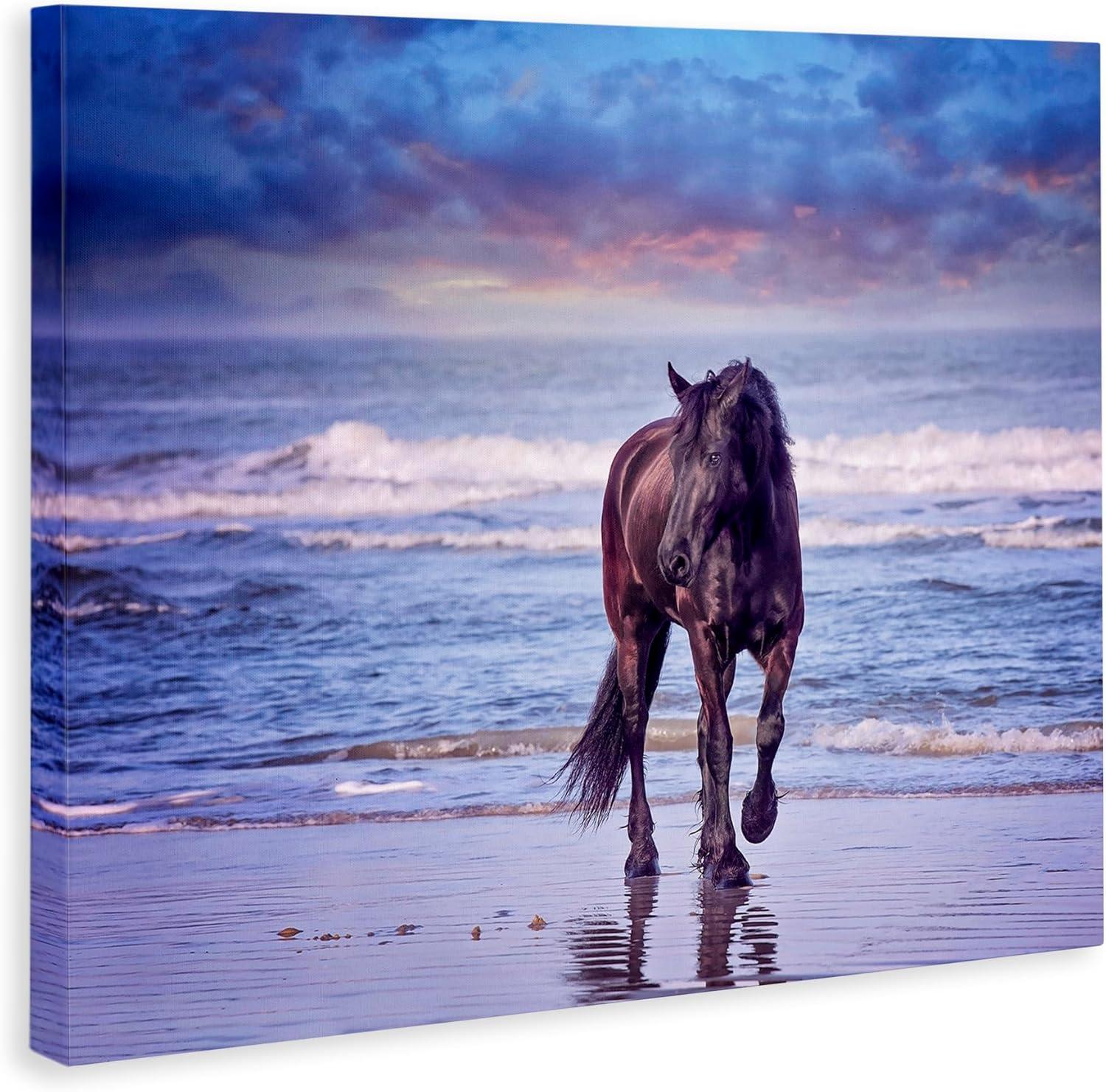 Stupell Industries Wild Horse on Beach Colorful Blue Sunset