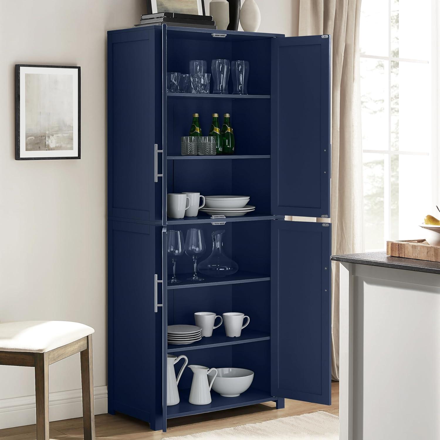 Crosley 67" Savannah Tall Kitchen Storage Pantry Navy: Traditional Farmhouse Design, Wood Veneer, MDF Frame, 3 Adjustable Shelves