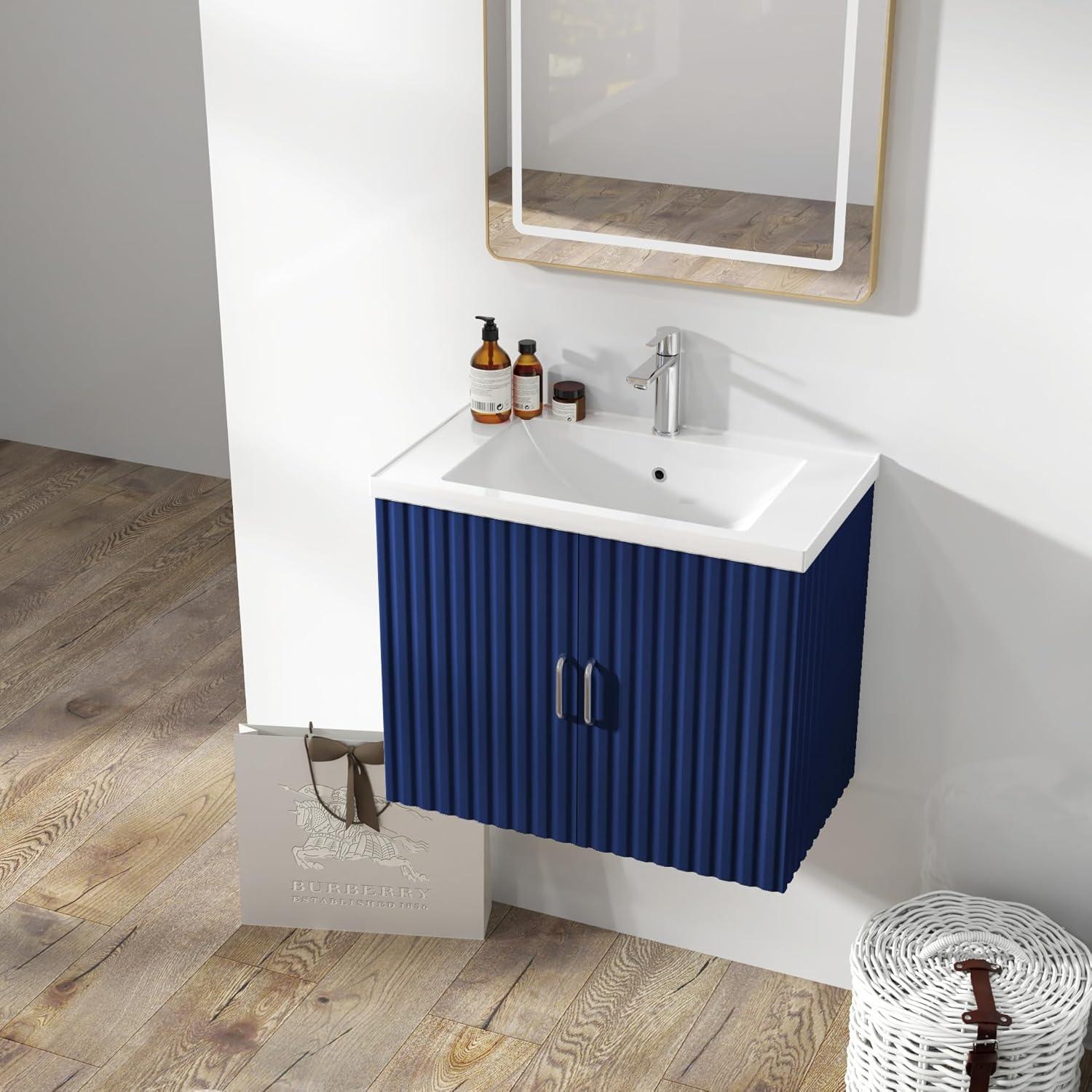 Blue Wall-Mounted Bathroom Vanity with White Resin Sink