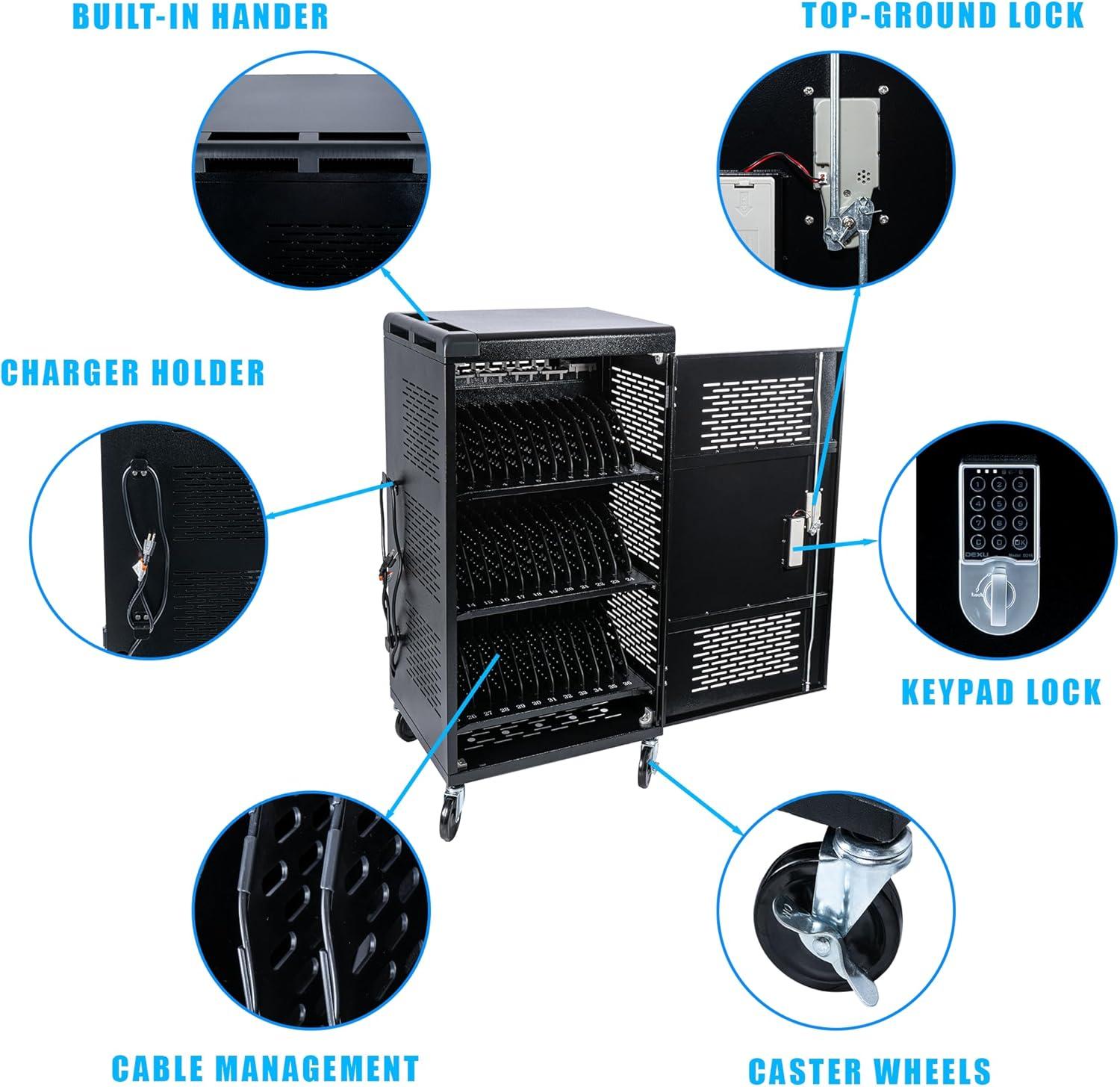 36 Bay Intelli-Sense Charging Cart for Tablets, Laptop, and Chromebook, Classroom Locking Charging Station with Keypad Lock and Charger Storage for School, Classroom, Library, Office and More