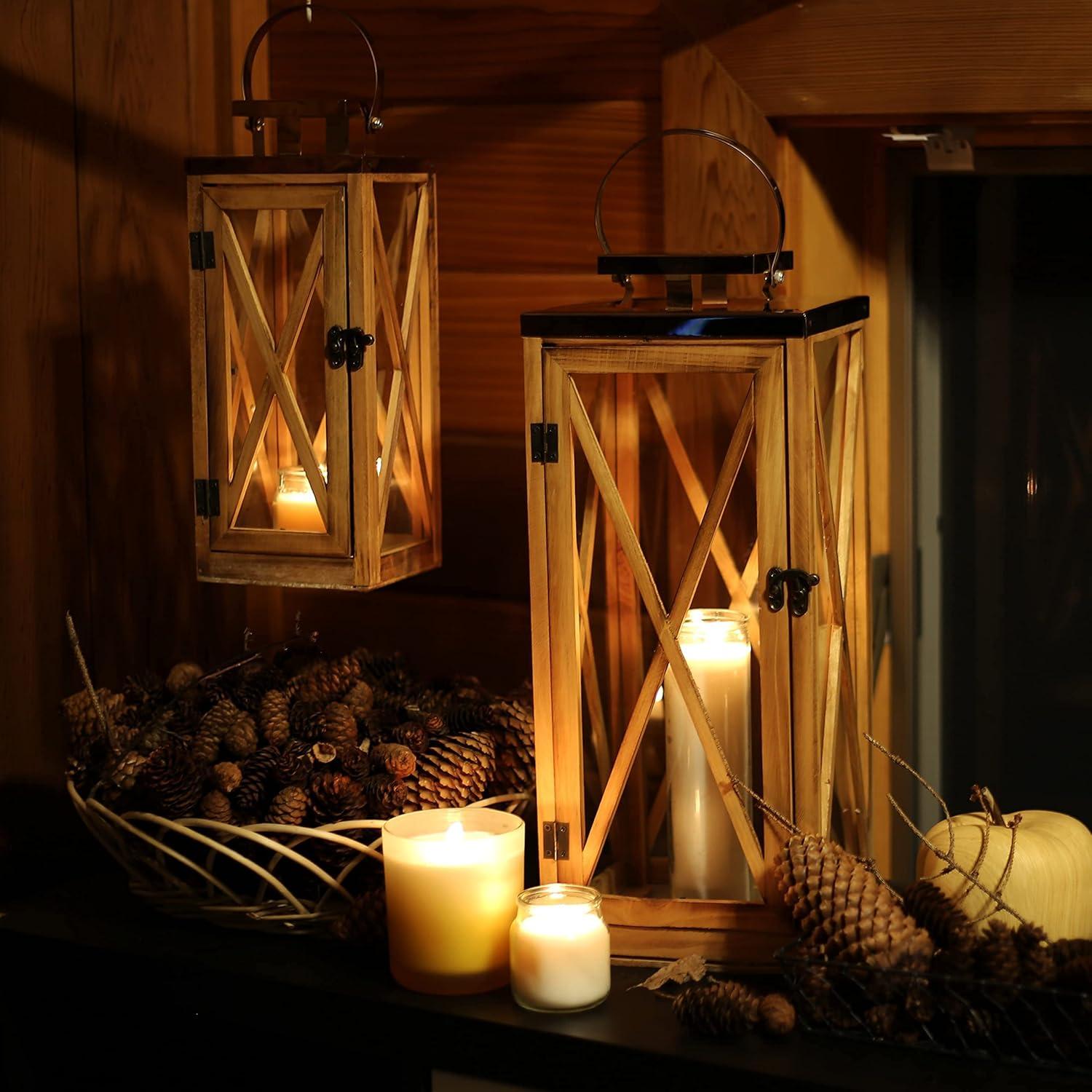 Wooden Candle Lantern Decorative Set of 2, Patio Decor with Stainless Top and Glass Inserts, Hurricane Lantern Holder Decor for Indoor Outdoor, Home, Garden, Wedding (Small-Large Set)