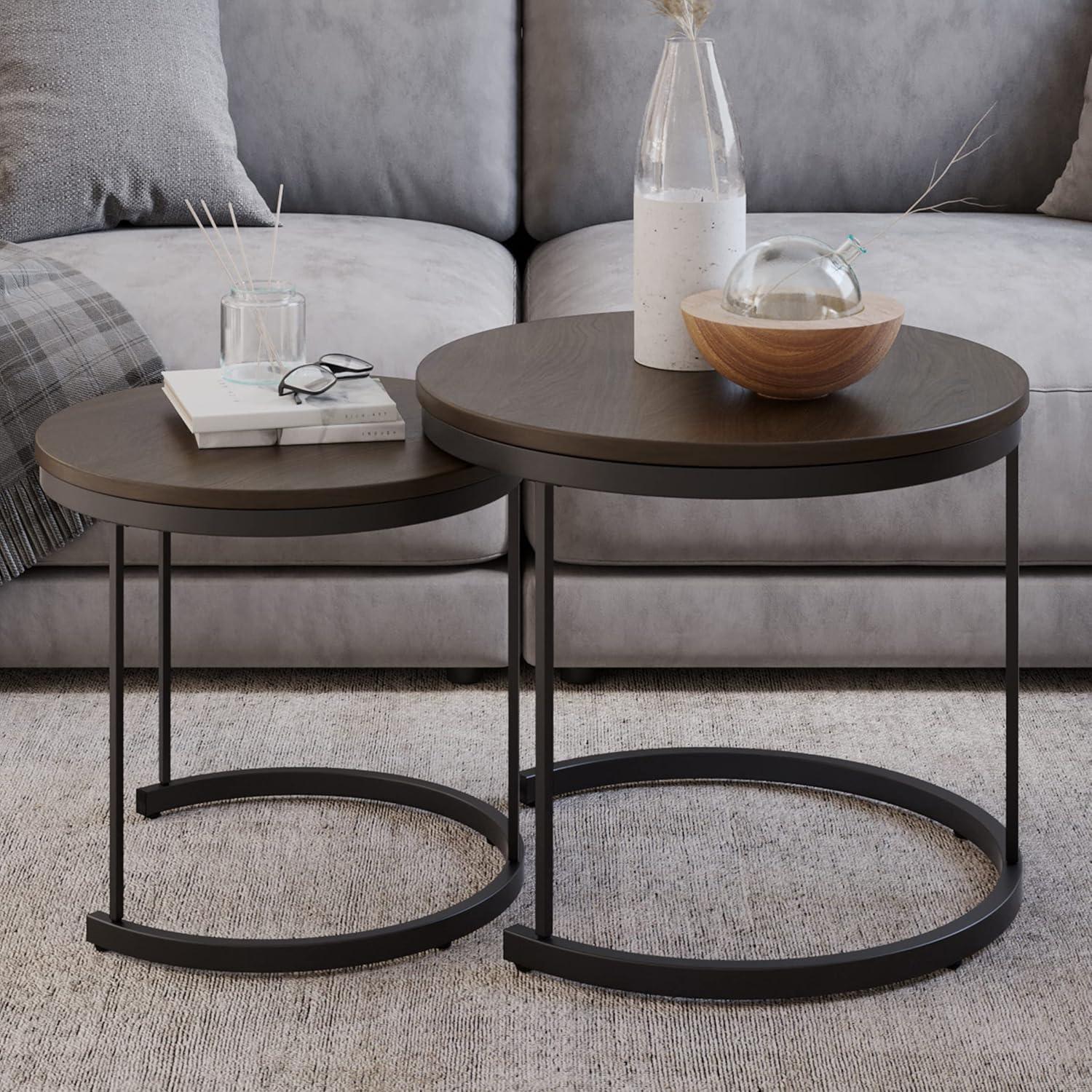 Modern Round Nesting Coffee Table Set in Sleek Brown Wood & Metal