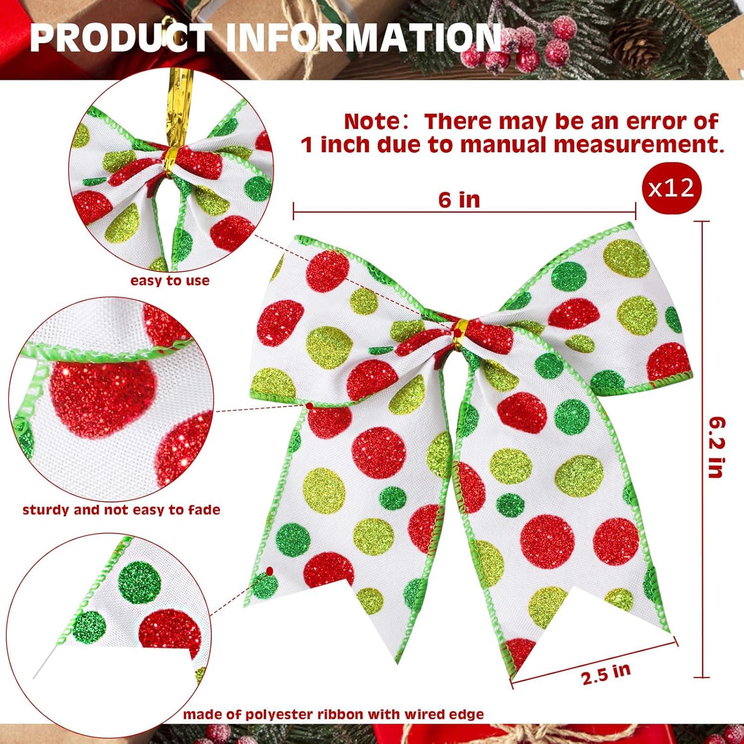 Sandistore Cute Cars 12pcs Christmas Tree Bows Ornaments 6 Inch Large Christmas Wreath Bows Red Green Xmas Tree Bows Christmas Glitter Dot Bows Ribbons Decoration For Garland Diamonds for Crafts
