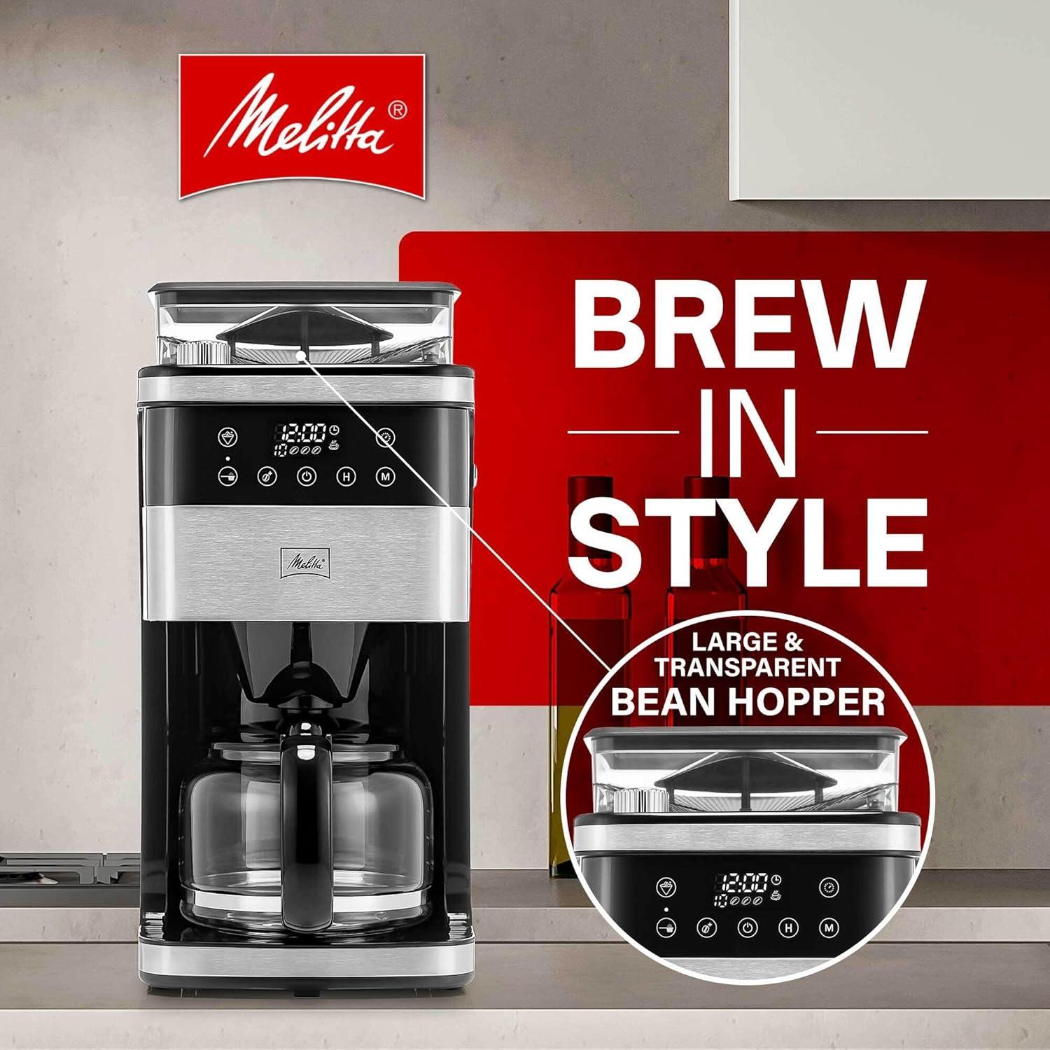 Melitta Aroma Fresh Plus 10c Drip Coffeemaker with Coffee Grinder: Stainless Steel, Digital Display, Automatic Shut-Off