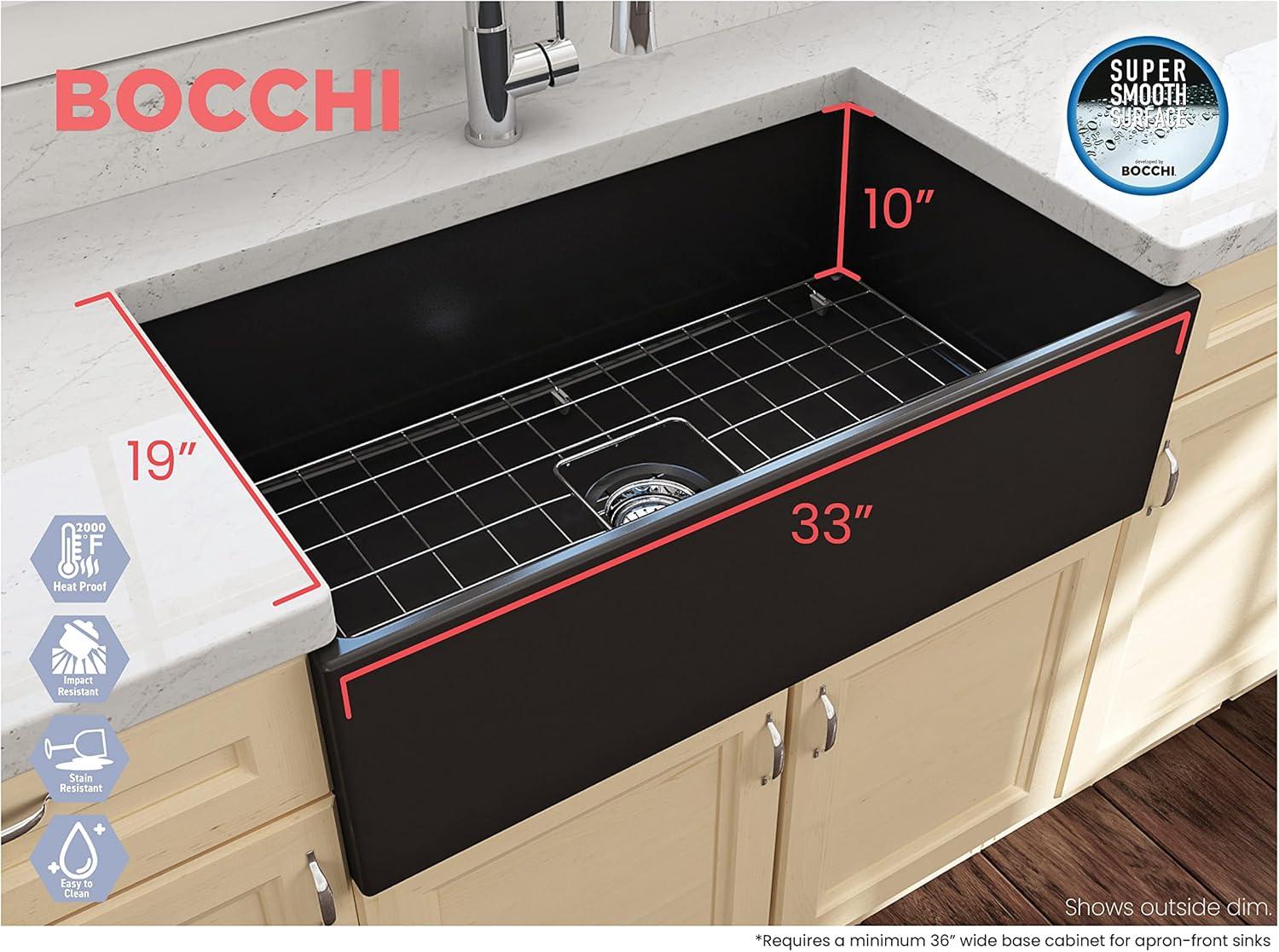 BOCCHI Contempo Farmhouse Apron Front Fireclay 33 in. Single Bowl Kitchen Sink with Protective Bottom Grid and Strainer in Matte Gray