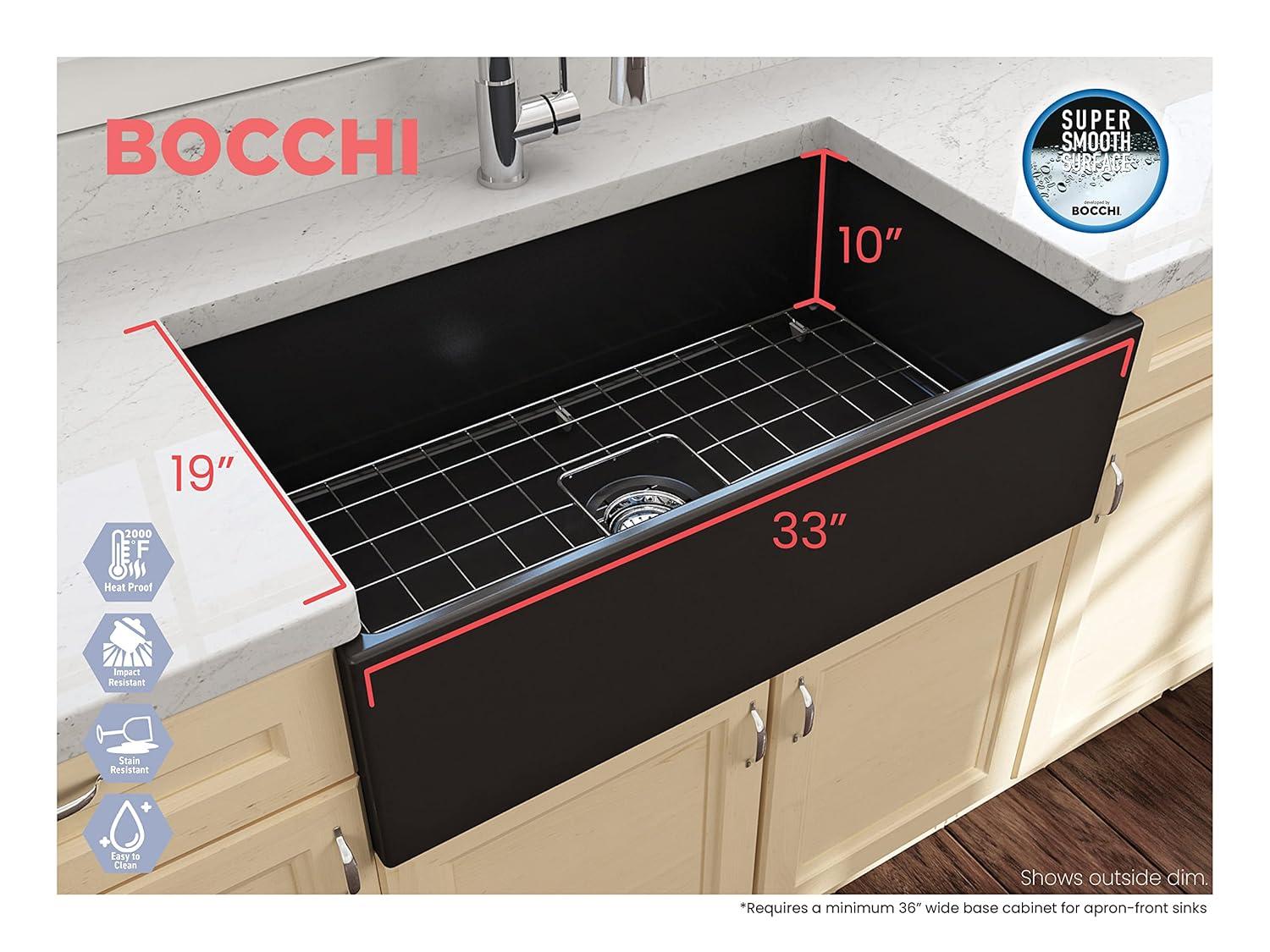 BOCCHI Contempo Farmhouse Apron Front Fireclay 33 in. Single Bowl Kitchen Sink with Protective Bottom Grid and Strainer in Matte Gray