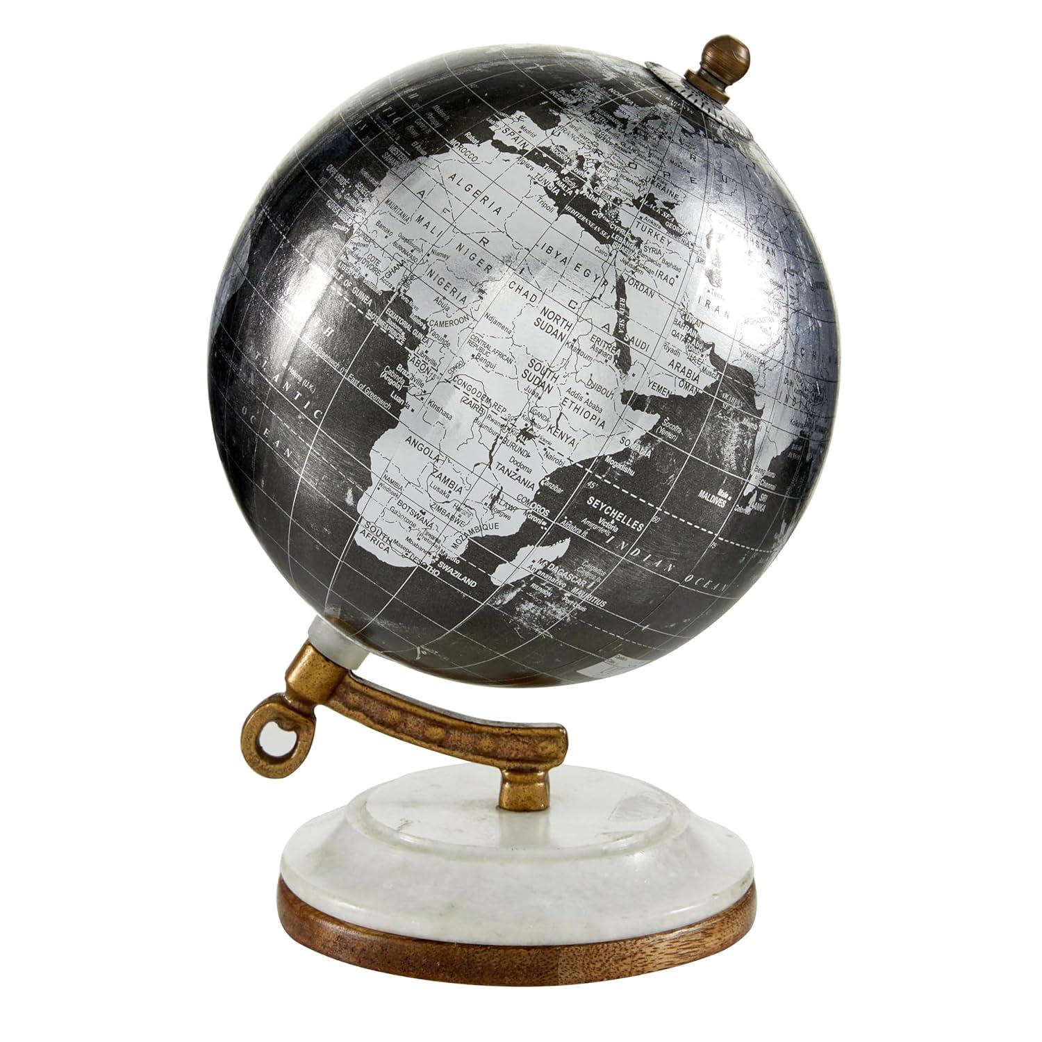 DecMode 5" Small Black World Map Globe with Silver Continents and White Marble Base