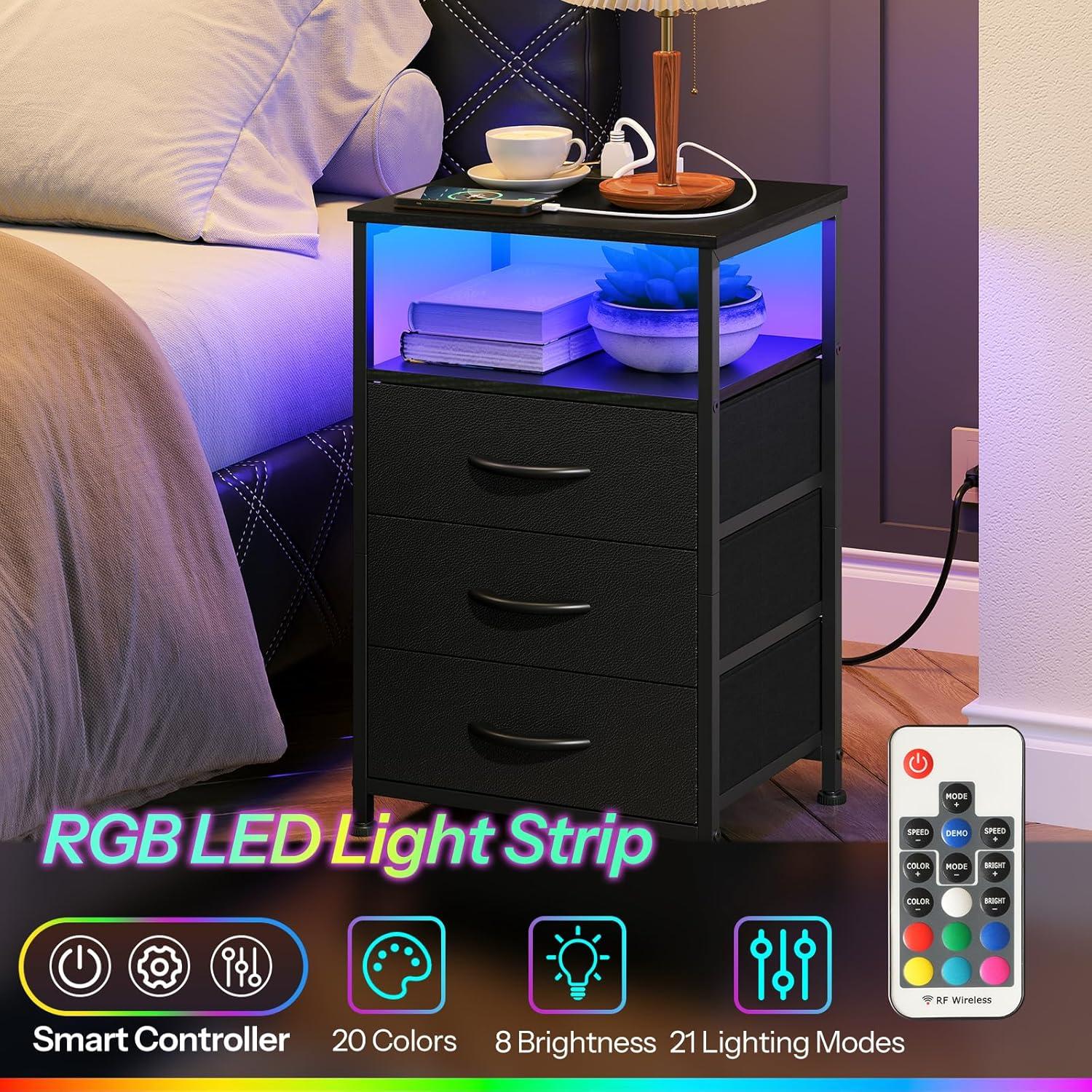 LED Nightstand with Charging Station, Side Table with USB Ports and Outlets, End Table for Small Spaces, Black Bedside Tables with Fabric-Wood 2-in-1 Drawer for Bedroom, Living Room, Office