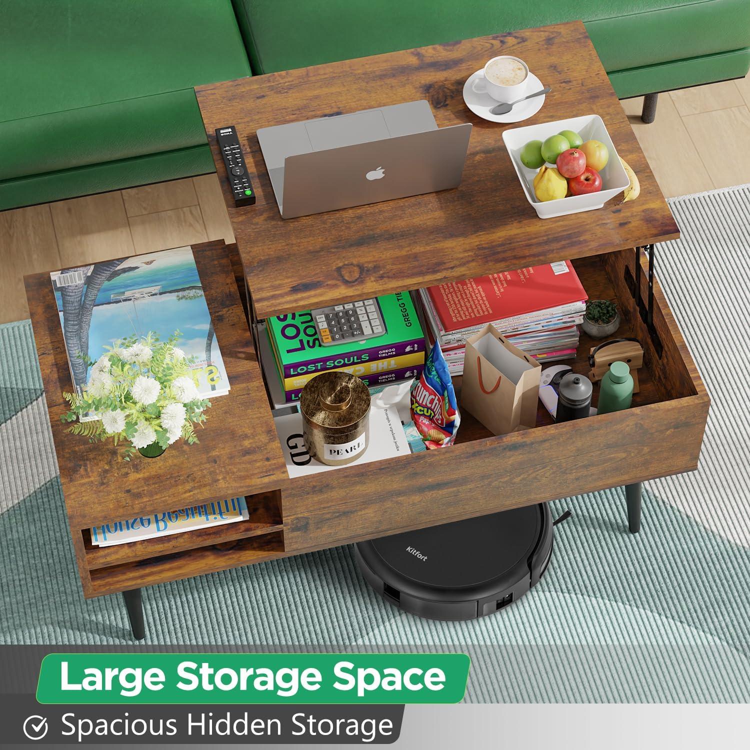 PayLessHere 39" Lift Top Coffee Table with Adjustable Storage and Hidden Compartment Small Wood Coffee Table Center Table for Home Living Room Office Apartment Reception Room,Brown