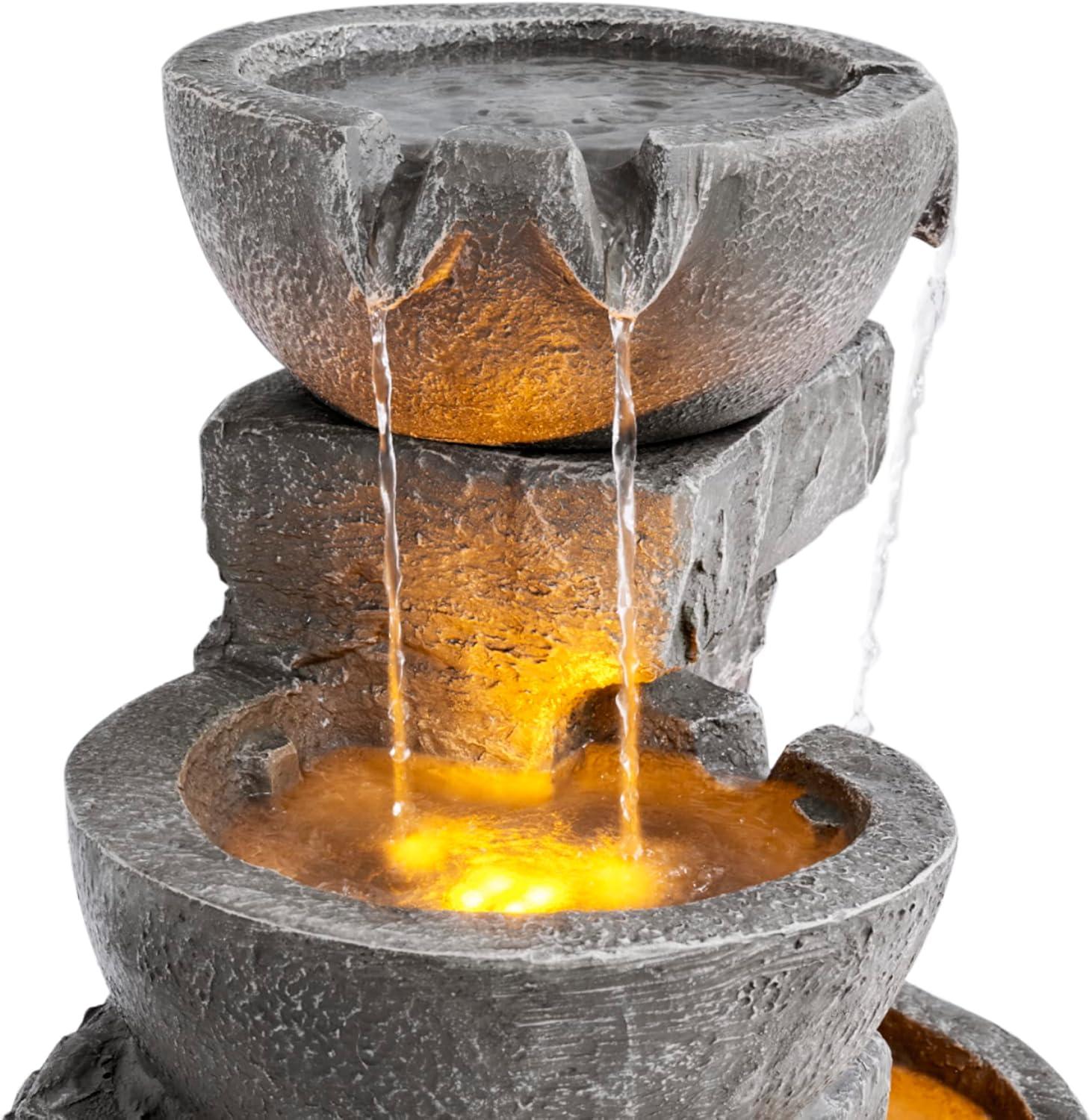 Teamson Home 33.25" Cascading Bowls & Stacked Stones LED Outdoor Water Fountain