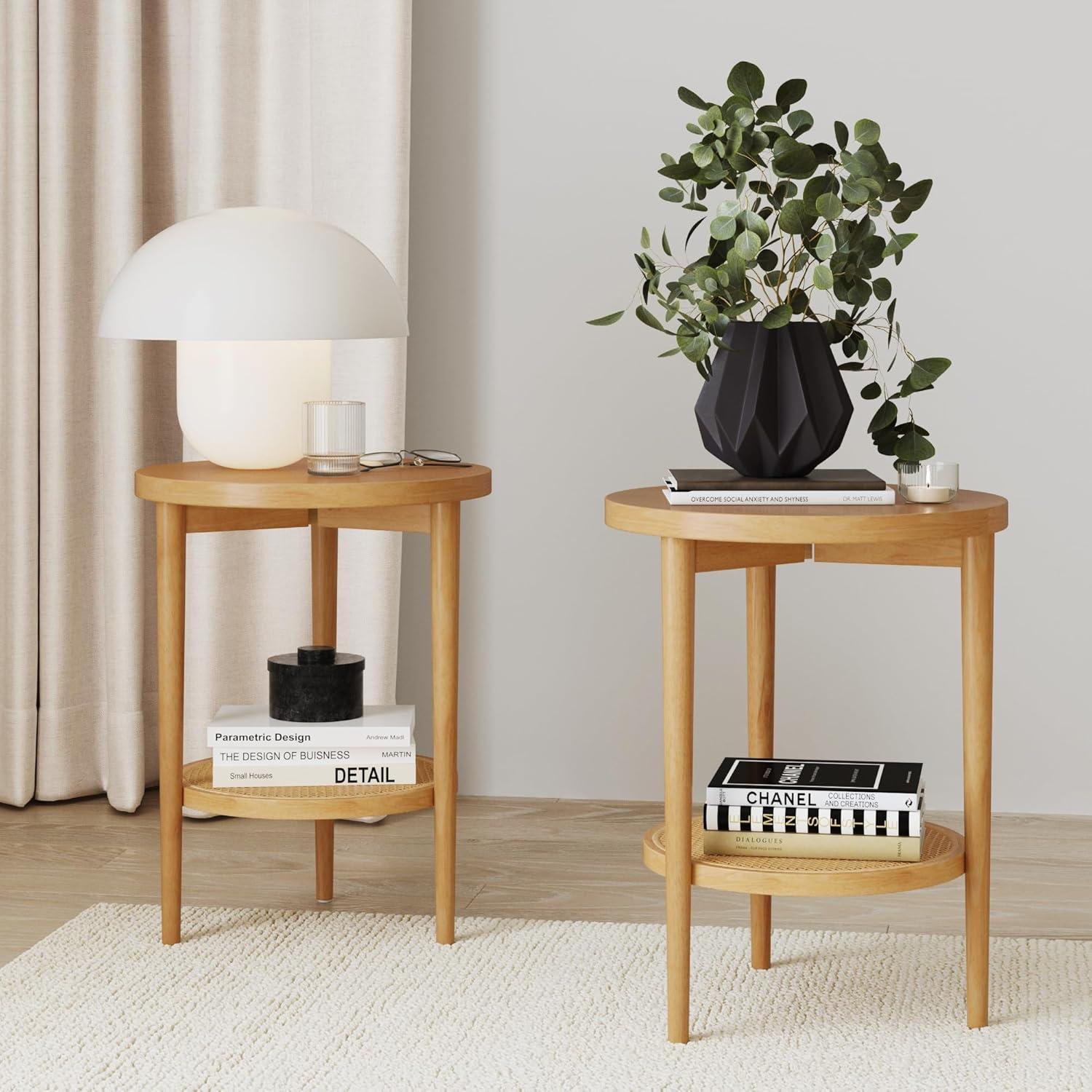 Sonia Light Brown Round Wood End Table with Rattan Shelf, Set of 2