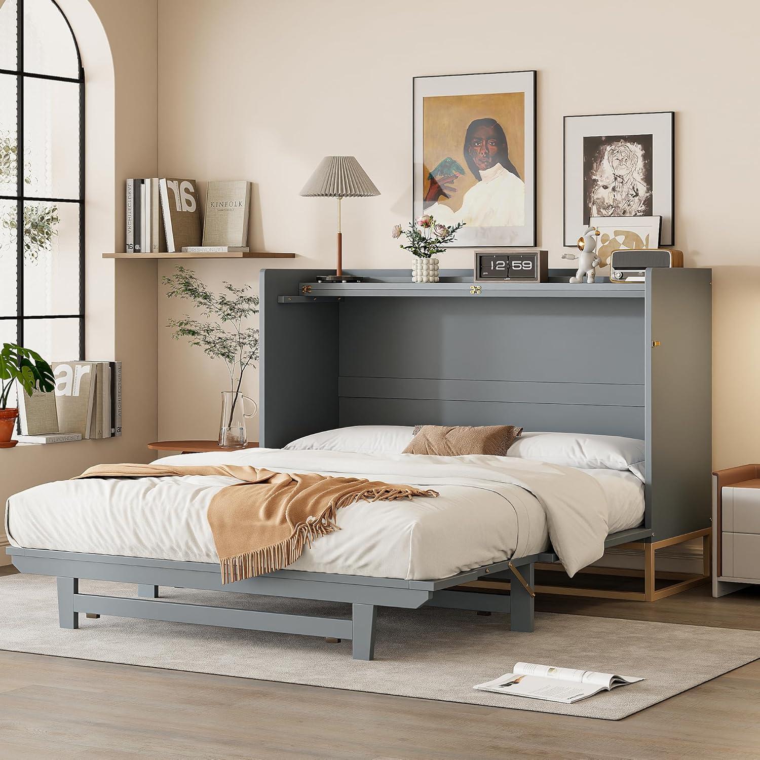 Harper & Bright Designs Queen Size Murphy Bed, Wooden Queen Wall Bed Frame with Iron Legs, Modern Design, Gray