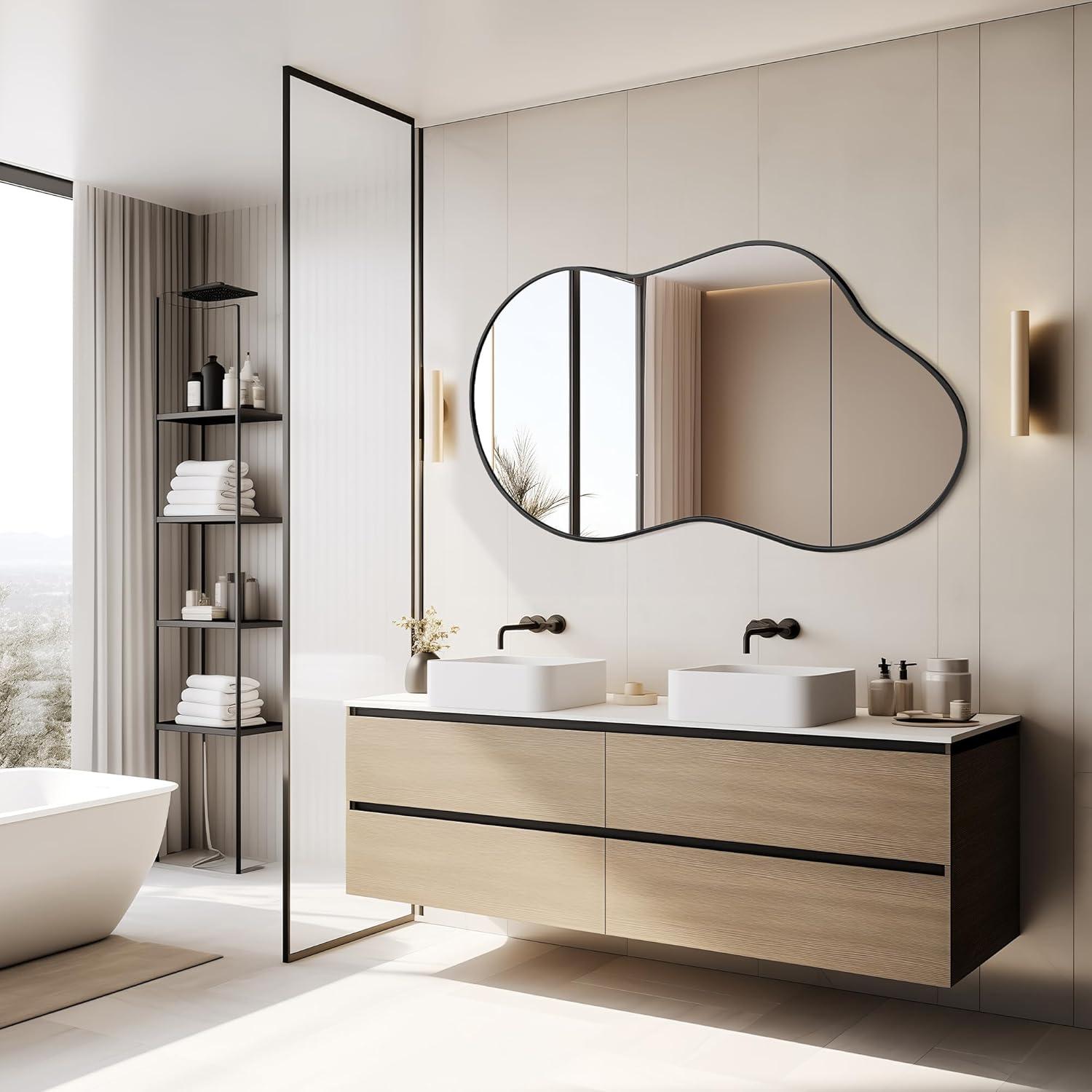 Funtouch Irregular Wall Mirrors 24"x 36" Cloud Shaped Mirrors for Bathroom, Aluminum Alloy Frame Black