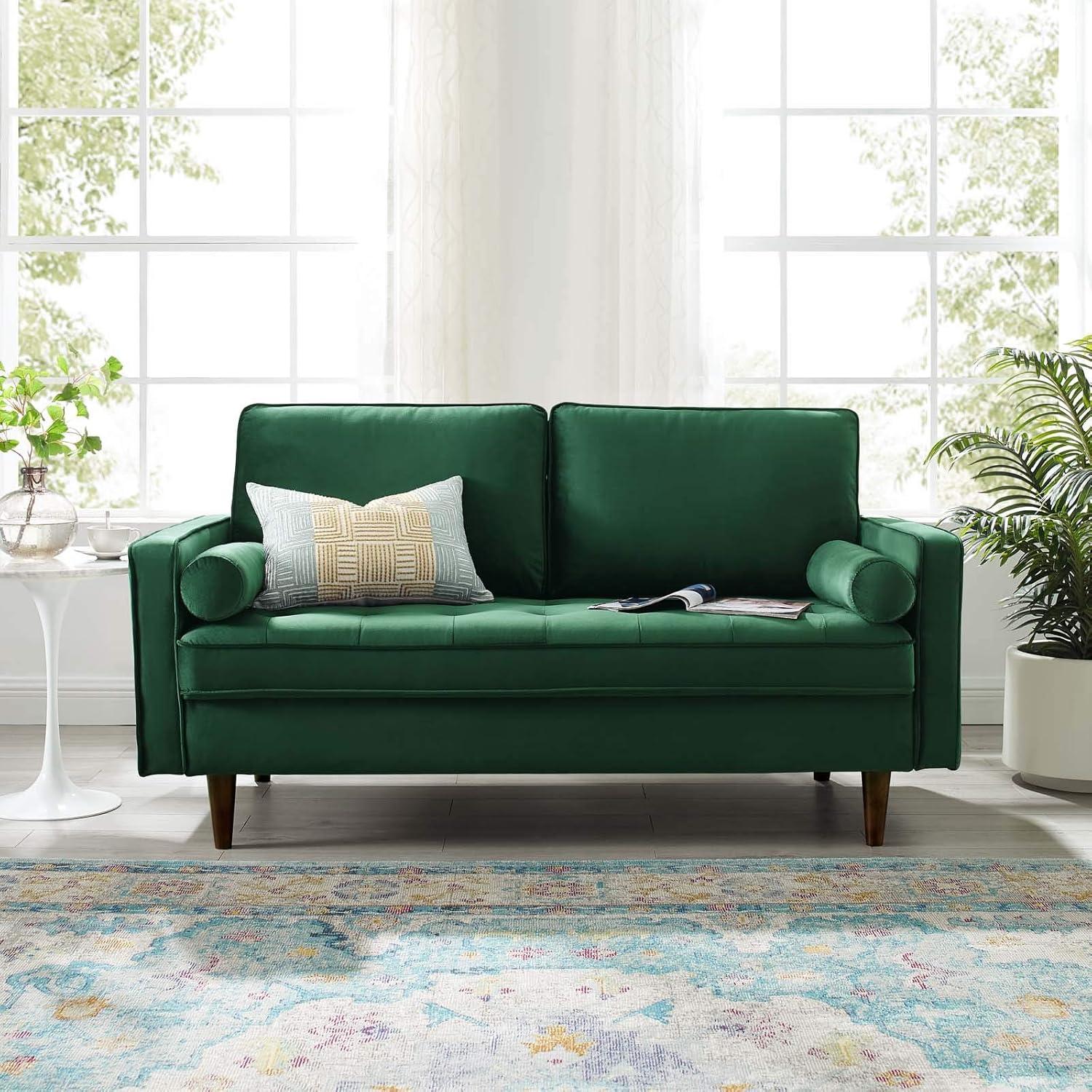 Green Velvet Tufted Loveseat with Walnut Legs