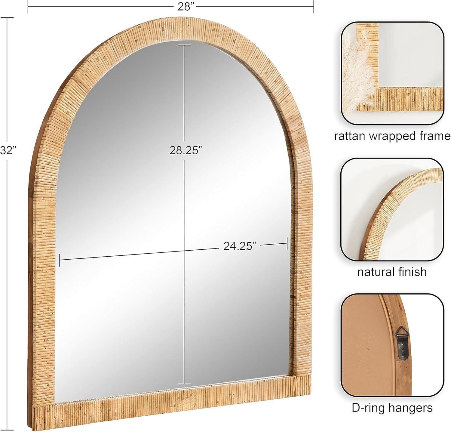 Kate and Laurel Rahfy Boho Arch Rattan Wall Mirror, 28 x 32, Natural Wood, Decorative Wooden Mirror with Authentic Rattan Frame for Bathroom Vanity Mirror