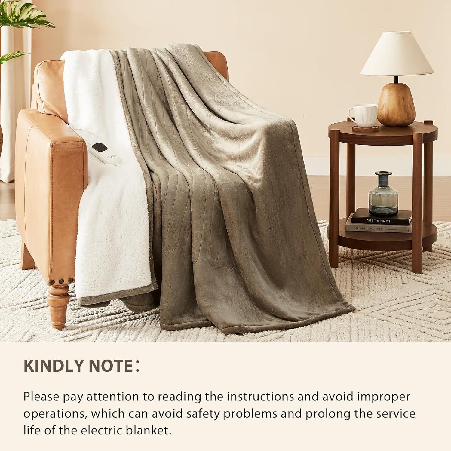 Homemate Electric Heated Blanket Throw - 50"x60" Heating Blanket Throw Size 1/2/4/6/8 Hours Auto-off 10 Heat Level Heat Blanket Over-heat Protection Flannel Sherpa Big Heater Blanket ETL Certification