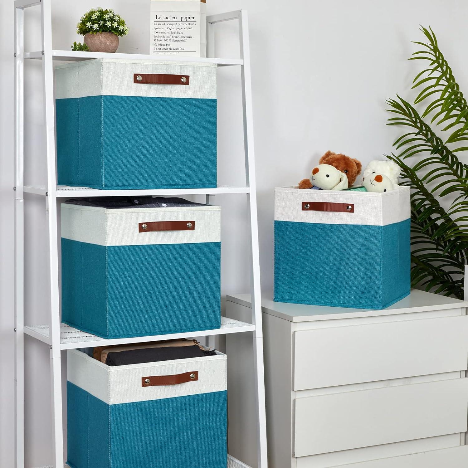 Tegance 13x13 Storage Cubes Baskets 4 Pack Fabric Cube Storage Bins Large Storage Baskets with Leather Handles,Decorative Storage Boxes for Organizing Shelves(WhiteGreen)